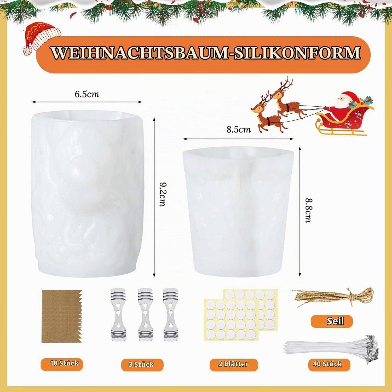 Produktbild eines Weihnachtsbaum-Silikonform-Sets mit zwei durchscheinenden Formen und gekennzeichneten Maßen, plus enthaltene Papiereinlagen, Bindebänder und Schnur.