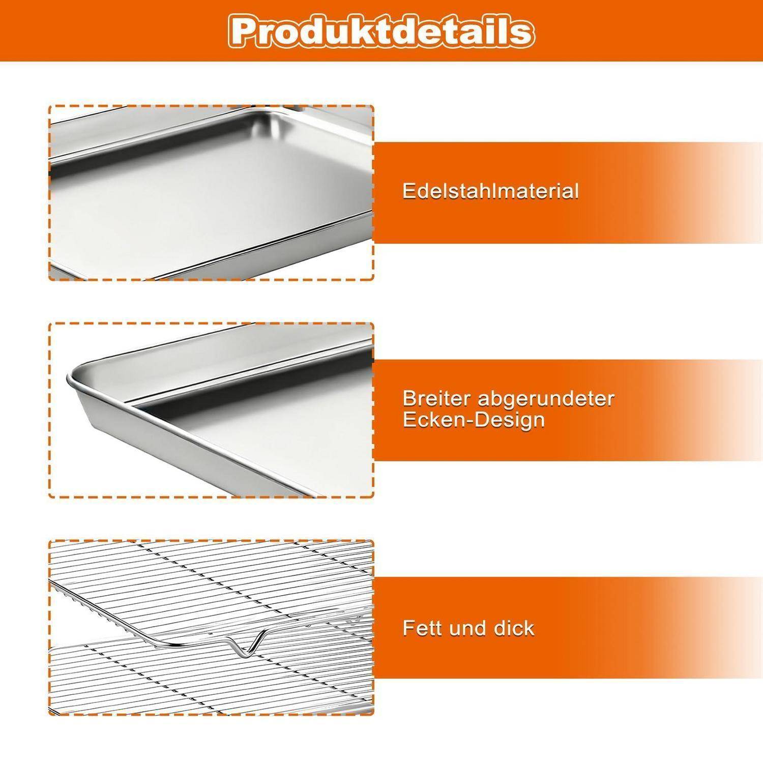 Produktdetailgrafik, die ein Tablett aus Edelstahl mit breiten abgerundeten Ecken und einem dicken, stabilen Drahtgitter zeigt; Beschriftungen lauten „Edelstahlmaterial", „Breiter abgerundeter Ecken-Design"" und „Fett und dick"".