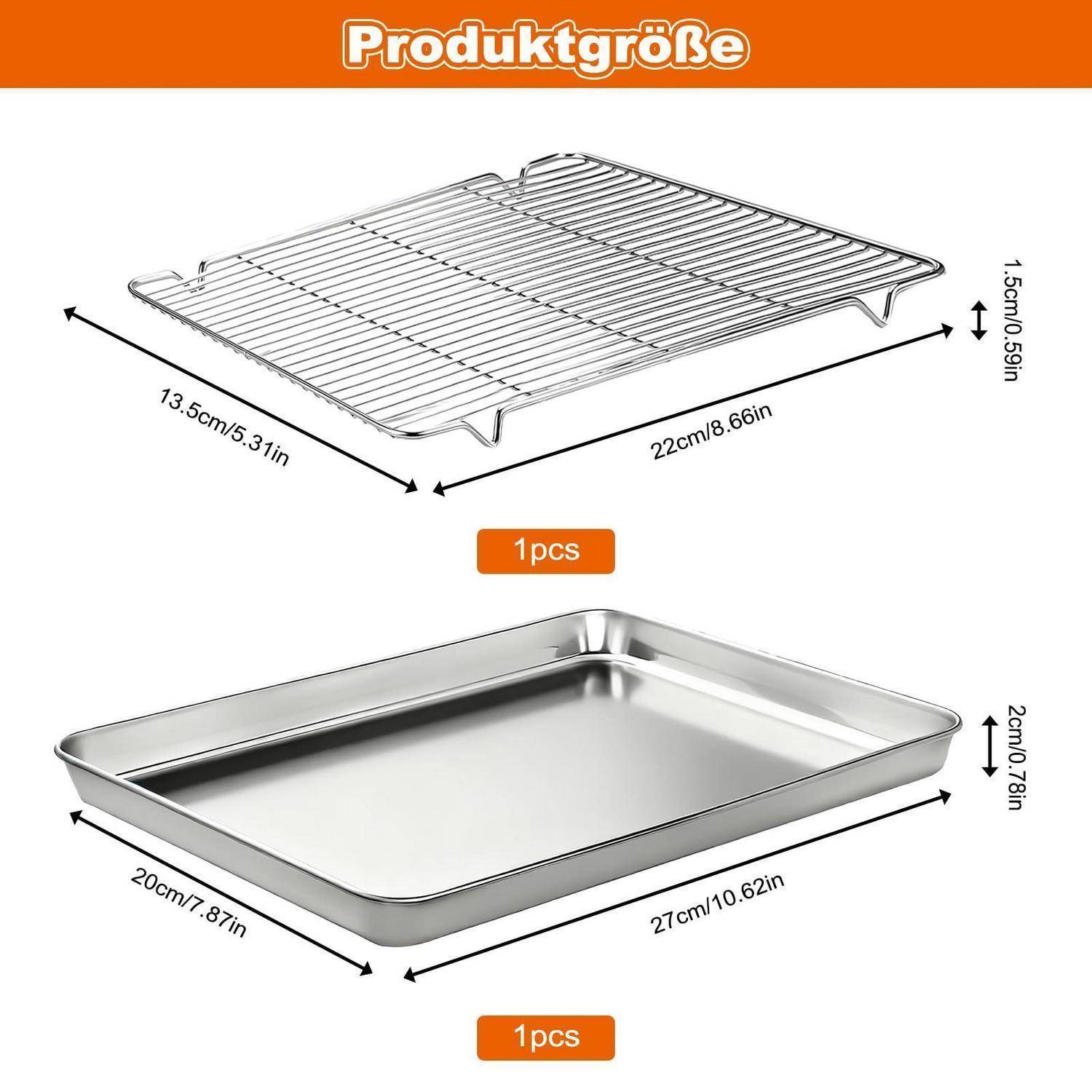 Produktgrößendiagramm, das ein Drahtkühlgitter von 22 x 13,5 x 1,5 cm und ein Backblech von 27 x 20 x 2 cm zeigt, jeweils mit der Bezeichnung 1 Stück.