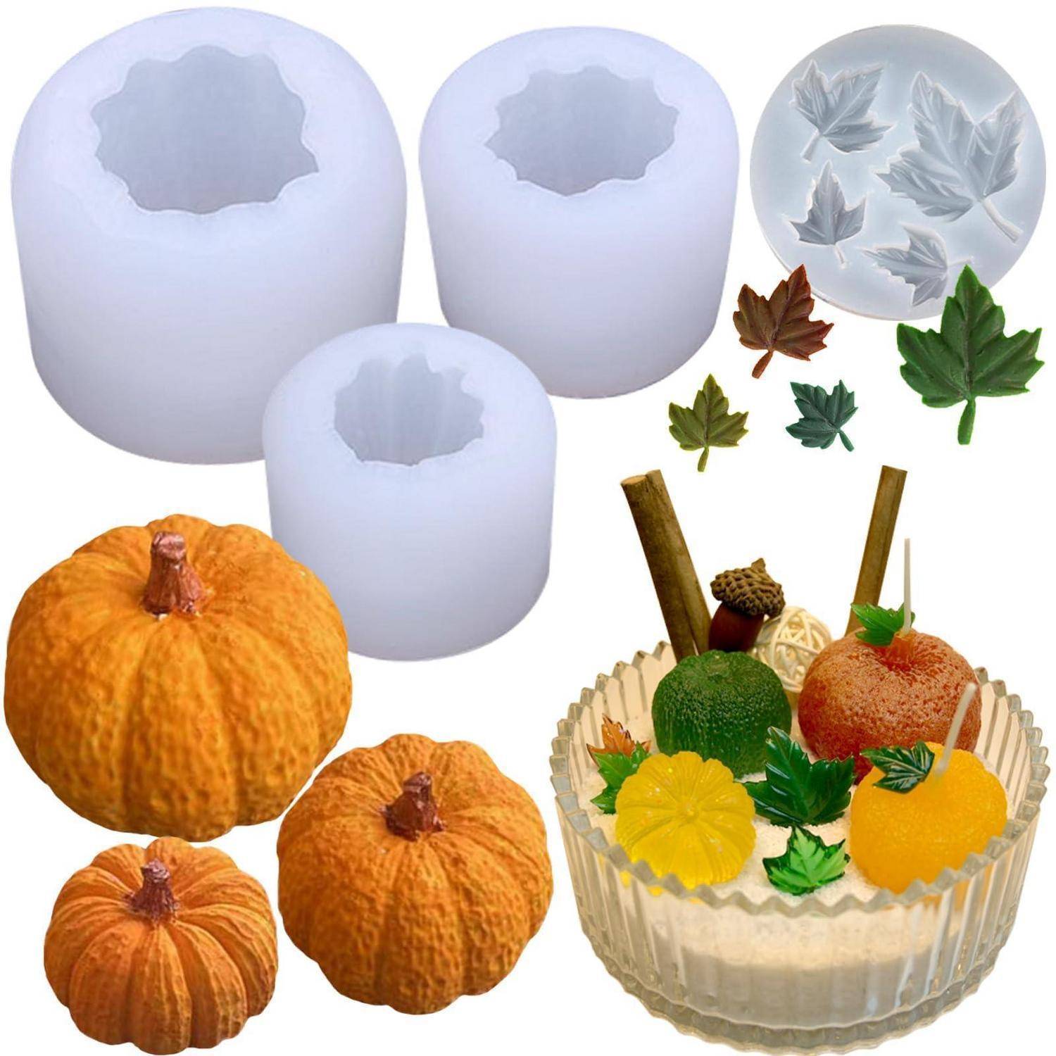 Silikonform-Set zum Herstellen von blatt- und kürbisförmigen Süßigkeiten, gezeigt mit fertigen orangefarbenen Kürbis-Desserts in einer Glasschale.