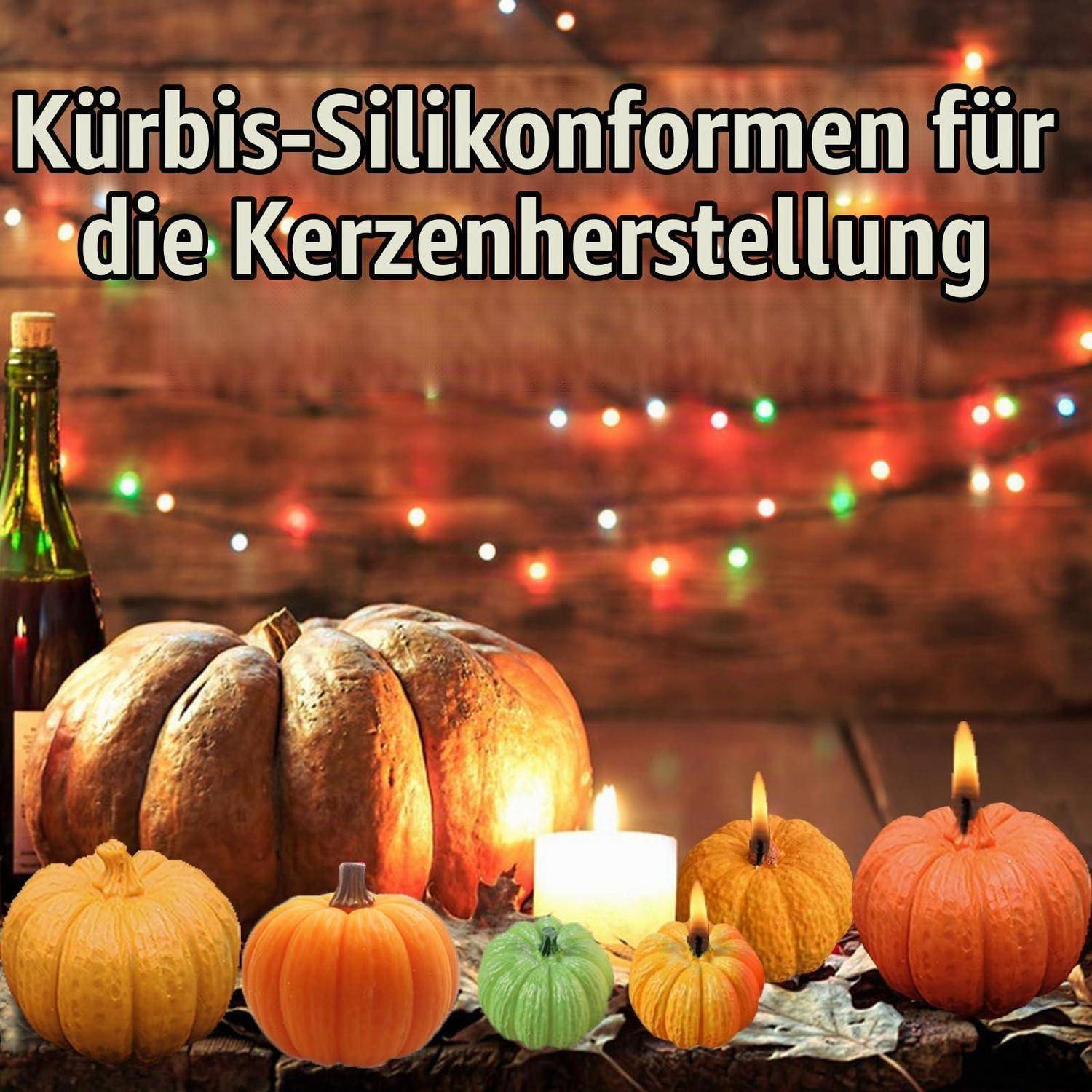 Kürbis-Silikonformen für die Kerzenherstellung über brennenden kürbisförmigen Kerzen und Kürbissen auf einem rustikalen Tisch mit Lichterketten.