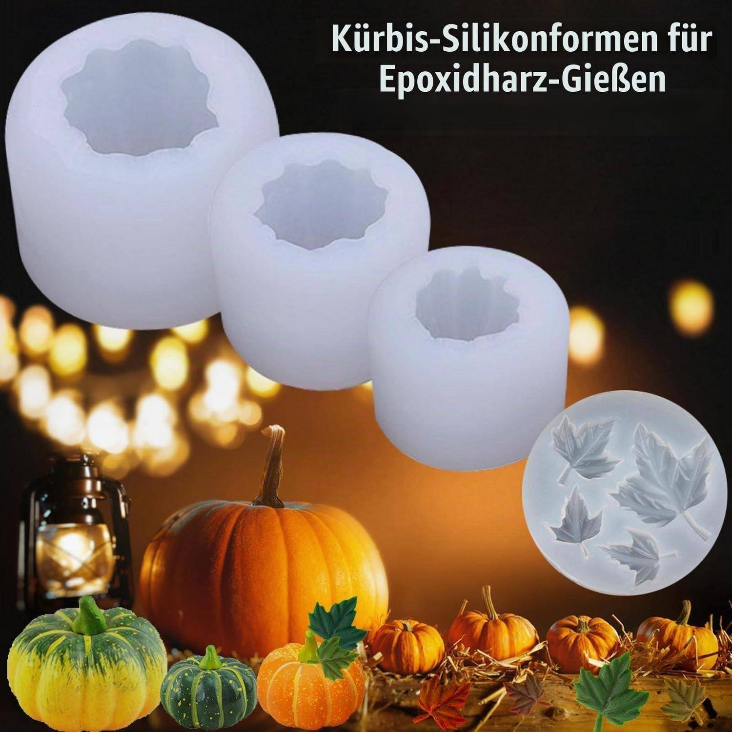 Werbebild mit drei weißen Silikonformen für Epoxidharzguss mit Herbstlaubmuster-Beispielen, Kürbissen darunter und deutschem Text „Kürbis-Silikonformen für Epoxidharzguss