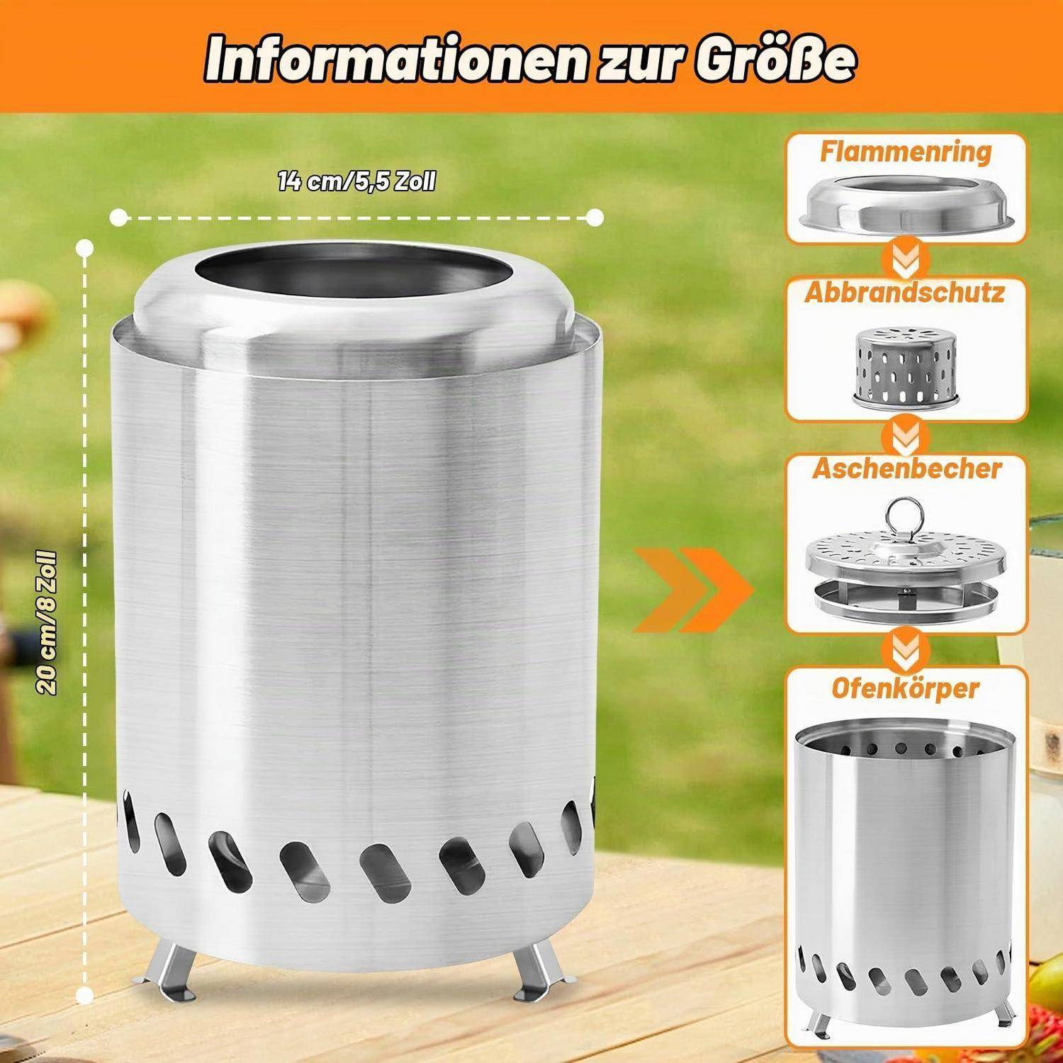 Produktabmessungsdiagramm einer Feuerstelle aus Edelstahl: 20 cm hoch und 14 cm breit, dargestellt mit den Komponenten Flammenring, Brandschutz, Aschenschale und Ofenkörper.
