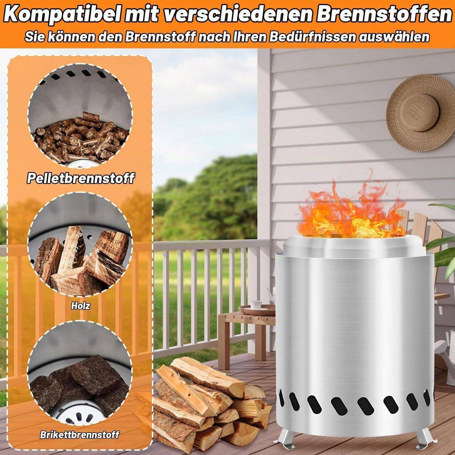 Werbebild eines tragbaren Feuerkörbs, der Pellets, Holz oder Briketts nutzt; beschriftet auf Deutsch „Kompatibel mit verschiedenen Brennstoffen".