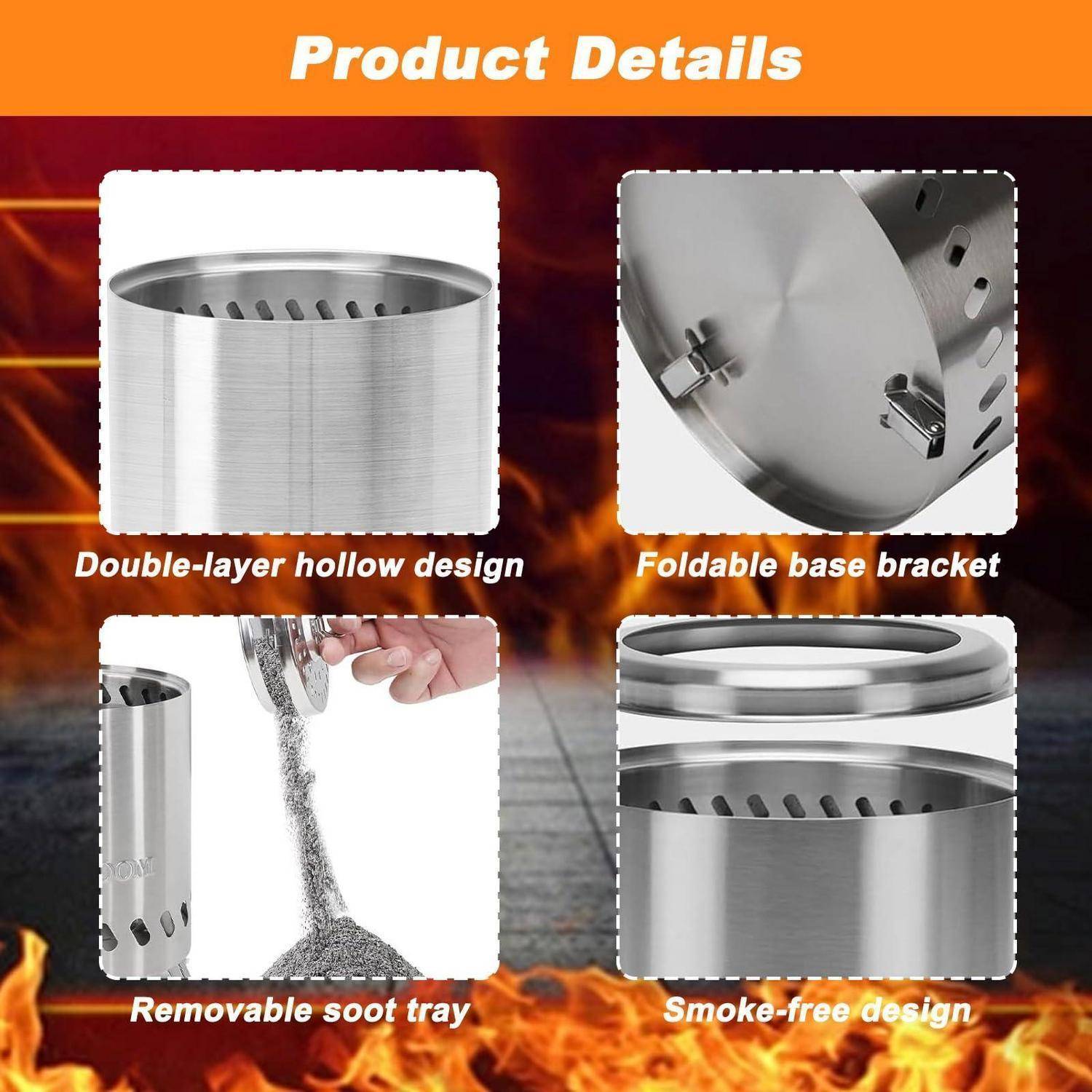 Produktdetails-Grafik, die eine Metallfeuergrube mit doppelschichtigem Hohldesign, klappbarem Sockelhalter, abnehmbarem Rußbehälter und rauchfreiem Design zeigt.