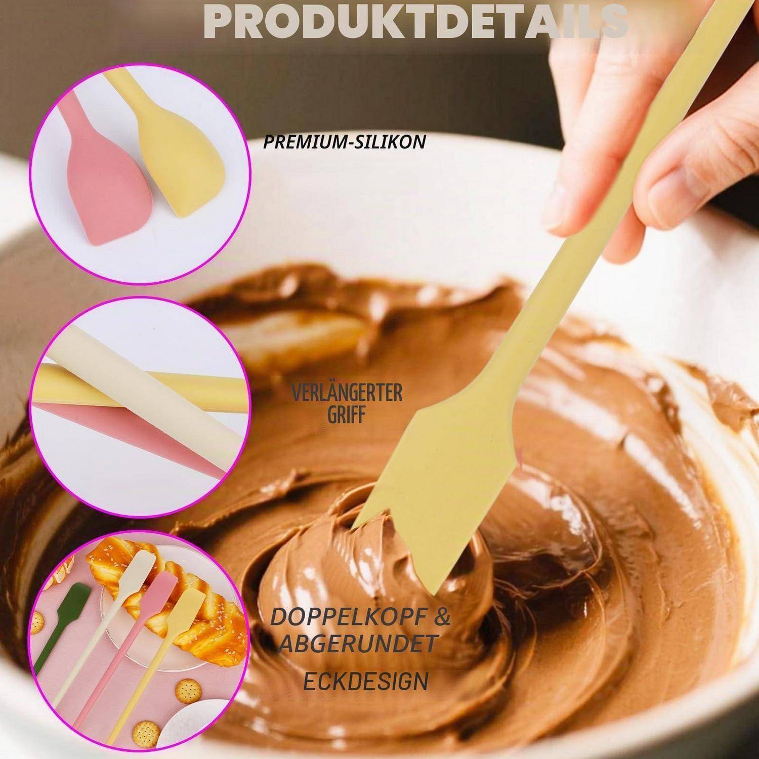 Silikonspachtel mischt Schokoladenmasse in einer Schüssel, mit Produktbeschreibungen für Premium-Silikon, verlängertem Griff und gerundeter Doppelkopf-Kantendesign.