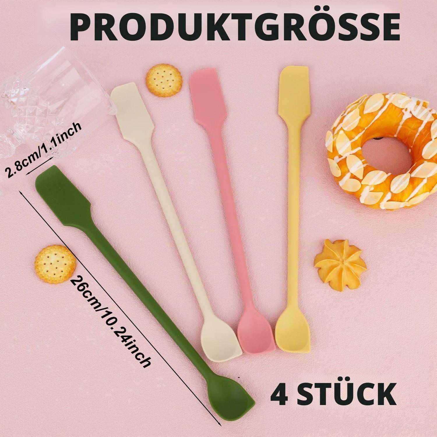 Das Bild zeigt vier farbenfrohe Silikonspatel mit der Aufschrift „Produktgröße