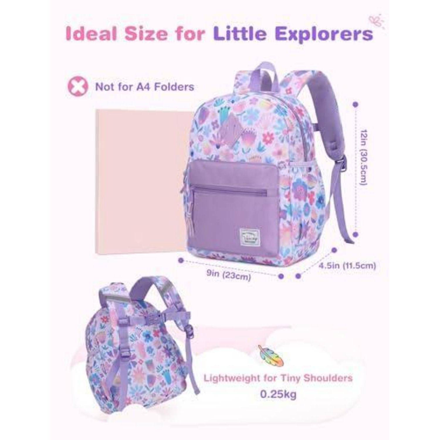 Violetter Kinderrucksack mit Blumenmuster, gezeigt mit Größenangaben: 12 Zoll hoch, 9 Zoll breit, 4,5 Zoll tief; leicht 0,25 kg und nicht geeignet für A4-Ordner.
