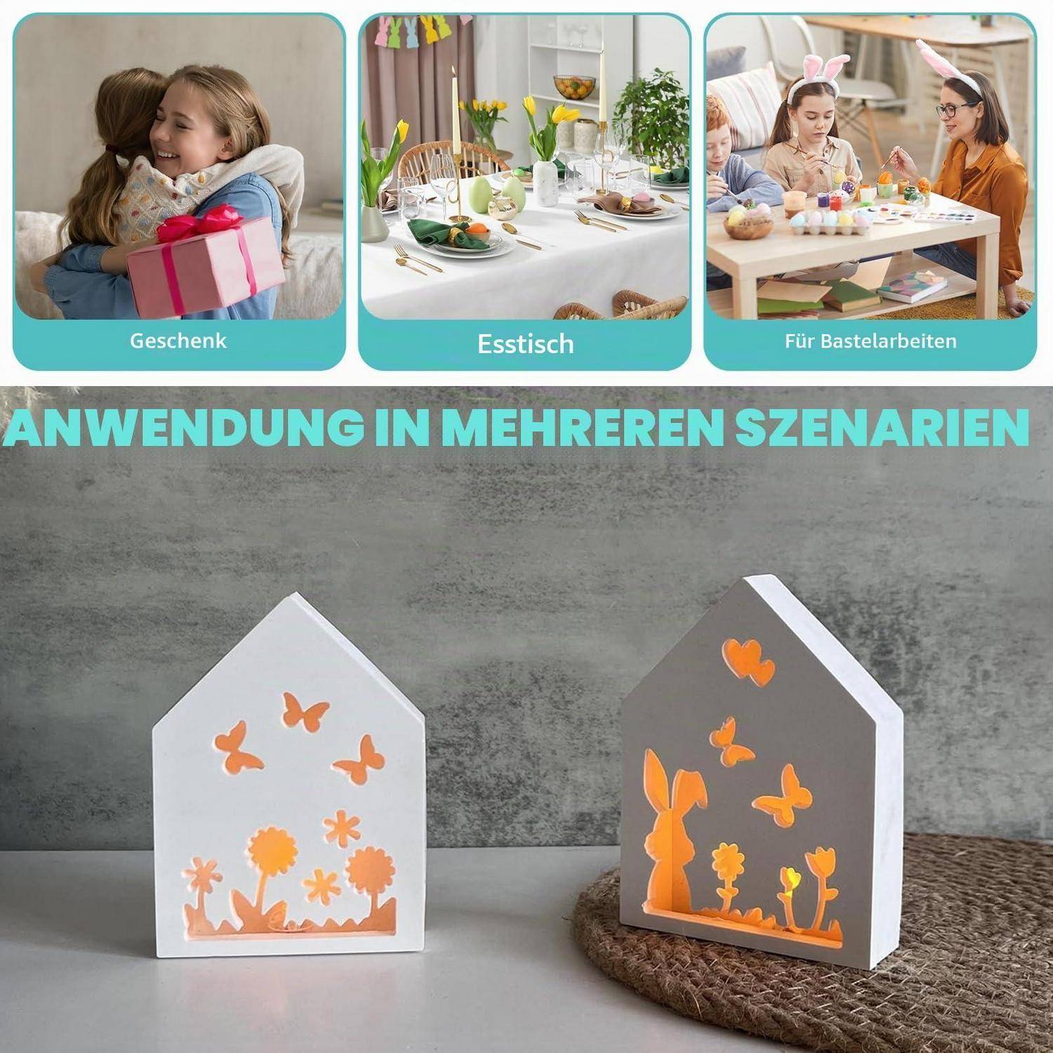 Dekorative Lichter in Geschenkbox-Form in weißen und grauen Hausformen, gezeigt zum Verschenken, für Esstische und Basteln; deutscher Text besagt „ANWENDUNG IN MEHREREN SZENARIEN
