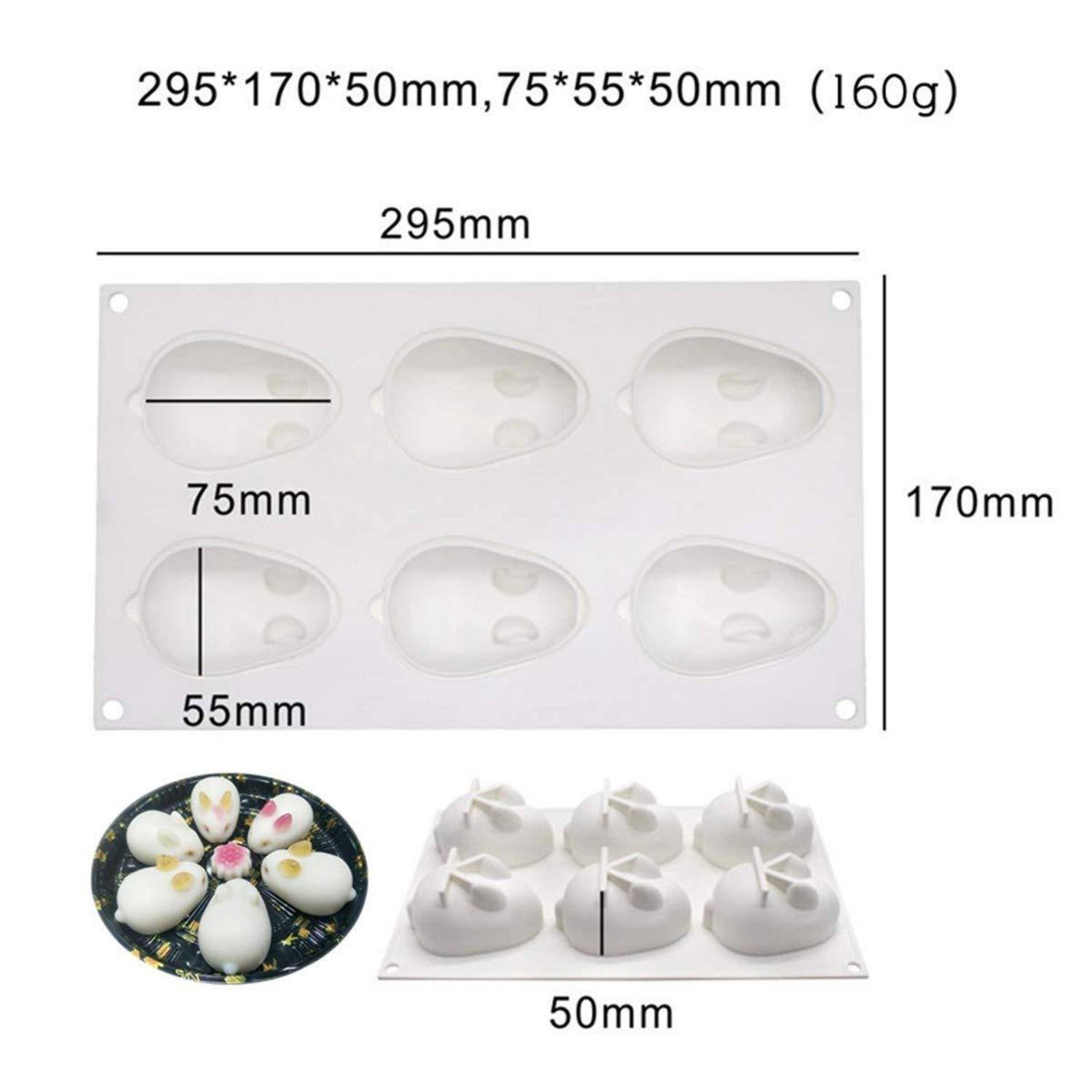 Produktabmessungen für ein Formgießblech mit sechs Kavitäten: 295 x 170 x 50 mm, Kavitätsgröße 75 x 55 x 50 mm, Gewicht 160 g.