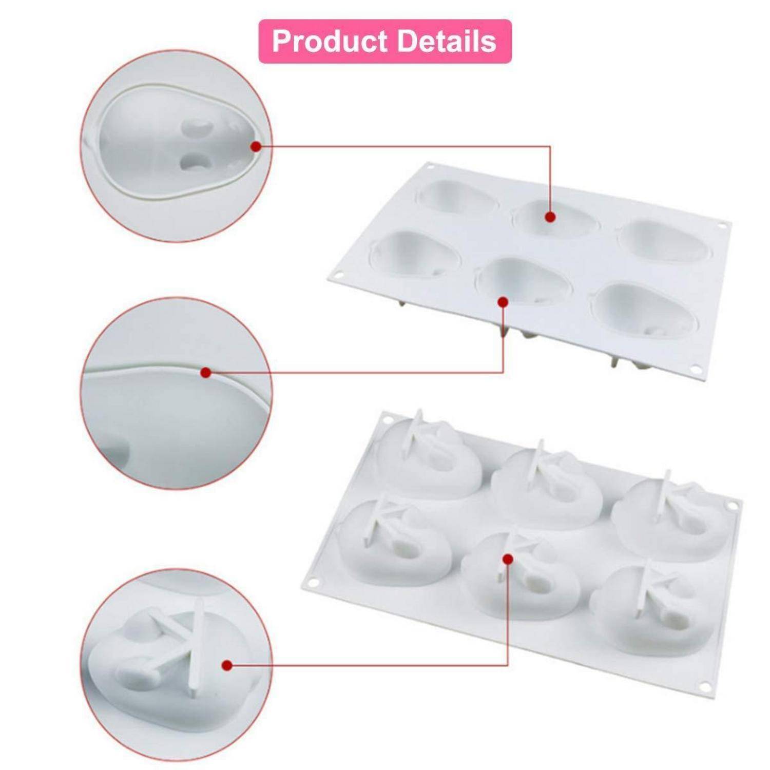 Produktdetaildiagramm mit einem weißen Kunststoff-Tablett-Formwerkzeug mit sechs Vertiefungen und eingefügten Nahaufnahmen, die die glatten gebogenen Fächer und erhabenen Merkmale hervorheben.