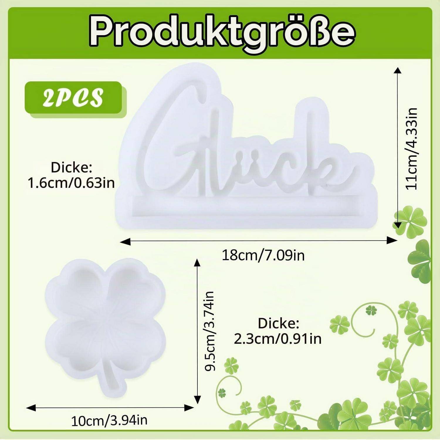 Größentabelle für Produkte mit zweiteiligers weißen Kleeblatt-Thema: Ein „Clarke"-Schriftzug ist 18 cm breit, 11 cm hoch, 1,6 cm dick; Kleeblatt ist 10 cm breit, 9,5 cm hoch, 2,3 cm dick.