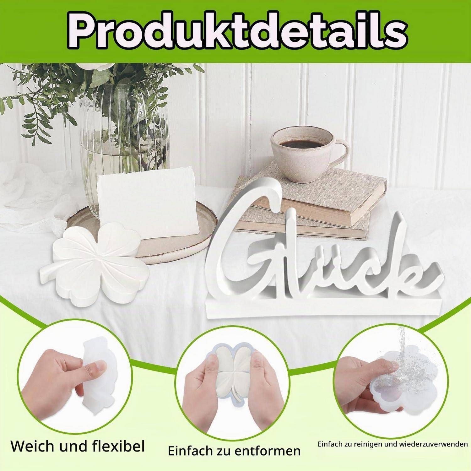 Produktdetails für ein weißes flexibles Kleeblatt-förmiges Dekorationsstück; gezeigt wird, wie es von Hand geformt wird, leicht zu formen, sauber und wiederverwendbar.