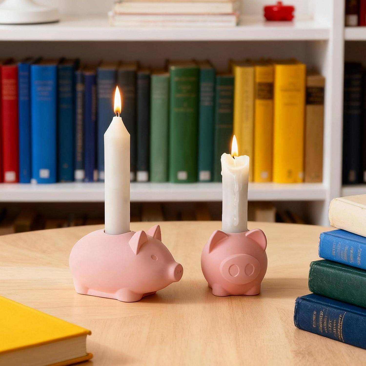 Zwei brennende Kerzen stehen in rosa Schweinchen-förmigen Haltern auf einem Tisch, mit Bücherregalen voller farbiger Bücher im Hintergrund.