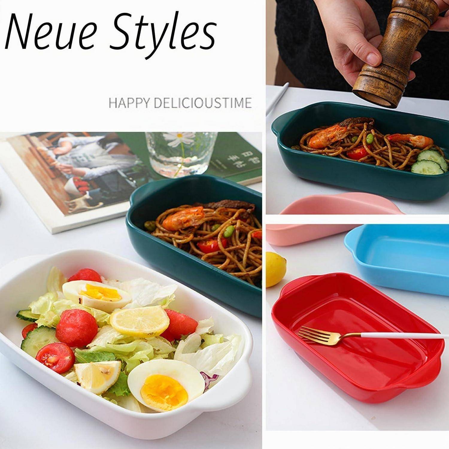 Collage aus farbenfrohen ovalen Servierschüsseln in Weiß, Blaugrün, Rot und Blau, die Salat und Pasta zeigen; die Überschrift lautet "Neue Styles"" und ""HAPPY DELICIOUSTIME"".