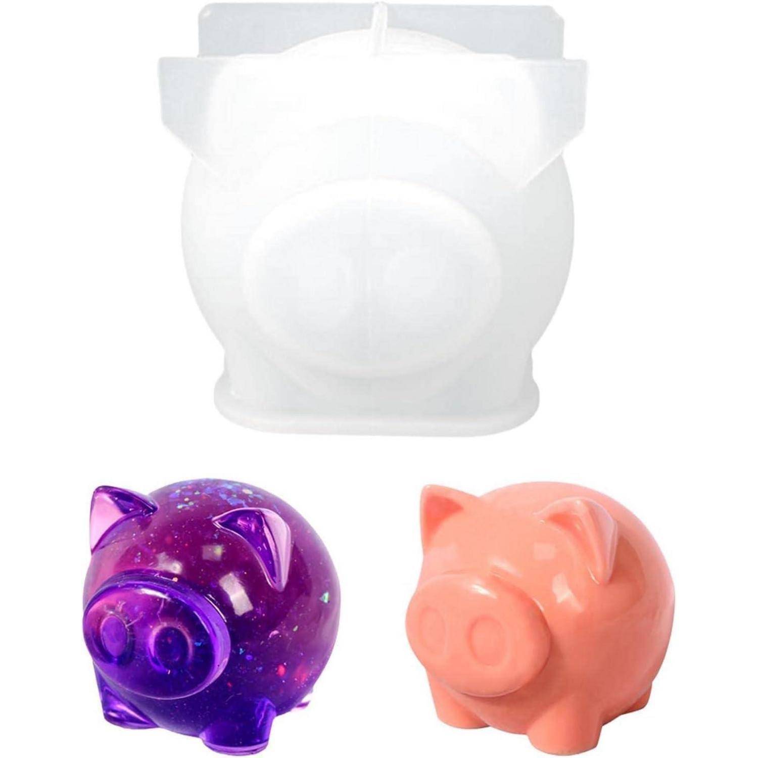 Weiße schweineförmige Form über fertigen Spardosenschweinen in Beispielen in violettem und pfirsichfarbenem Harz.
