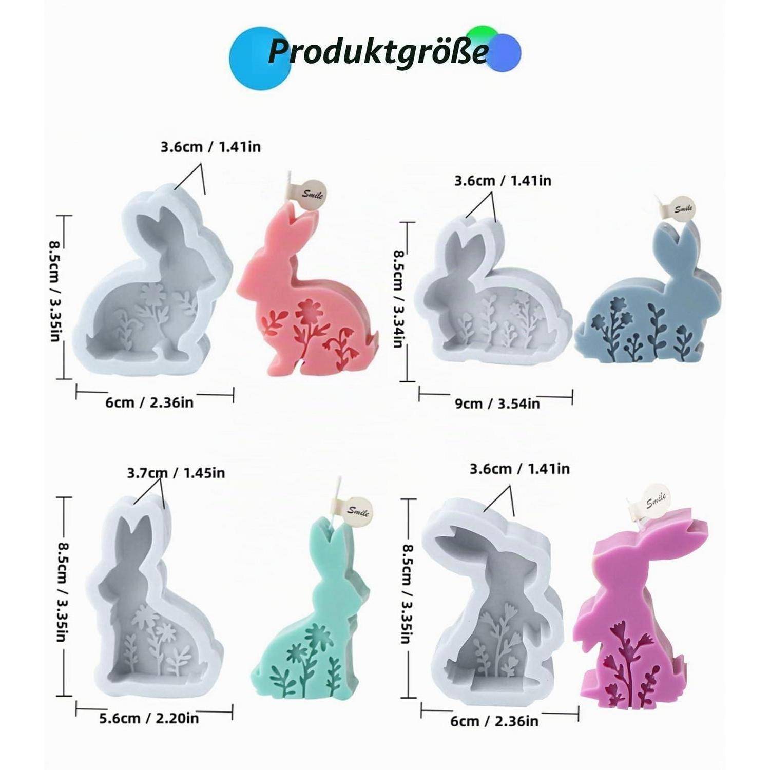 Größentabelle für Produkte mit vier kaninchen-förmigen Kerzenhaltern in verschiedenen Farben, jeweils etwa 8,5 cm hoch mit Breiten- und Tiefenangaben in cm und Zoll.