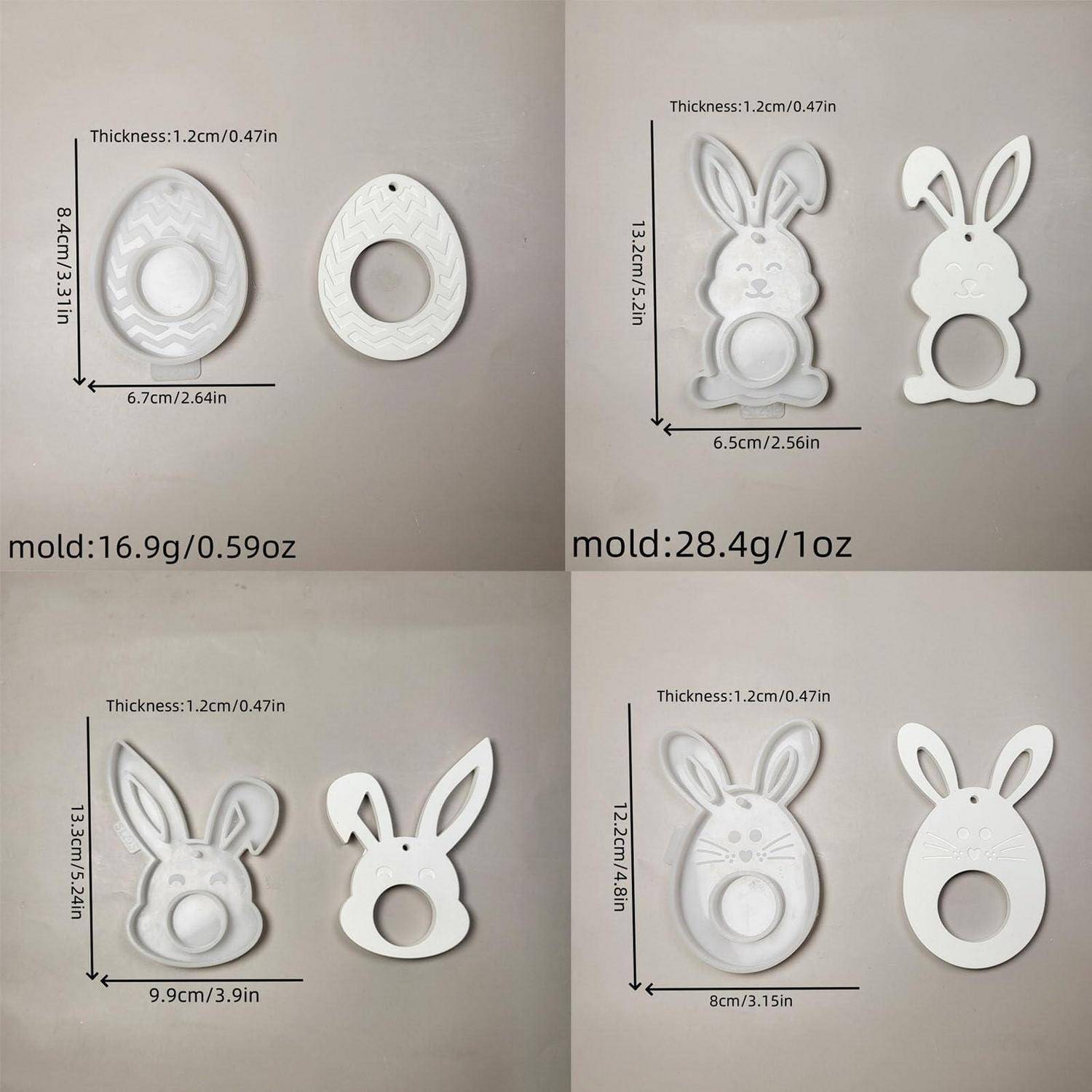 Collage zeigt vier weiße Silikon-Kaninchenformen mit Beschriftungen der Abmessungen, Dicke 1,2 cm, und Größen von etwa 6,7 bis 9,9 cm Höhe.