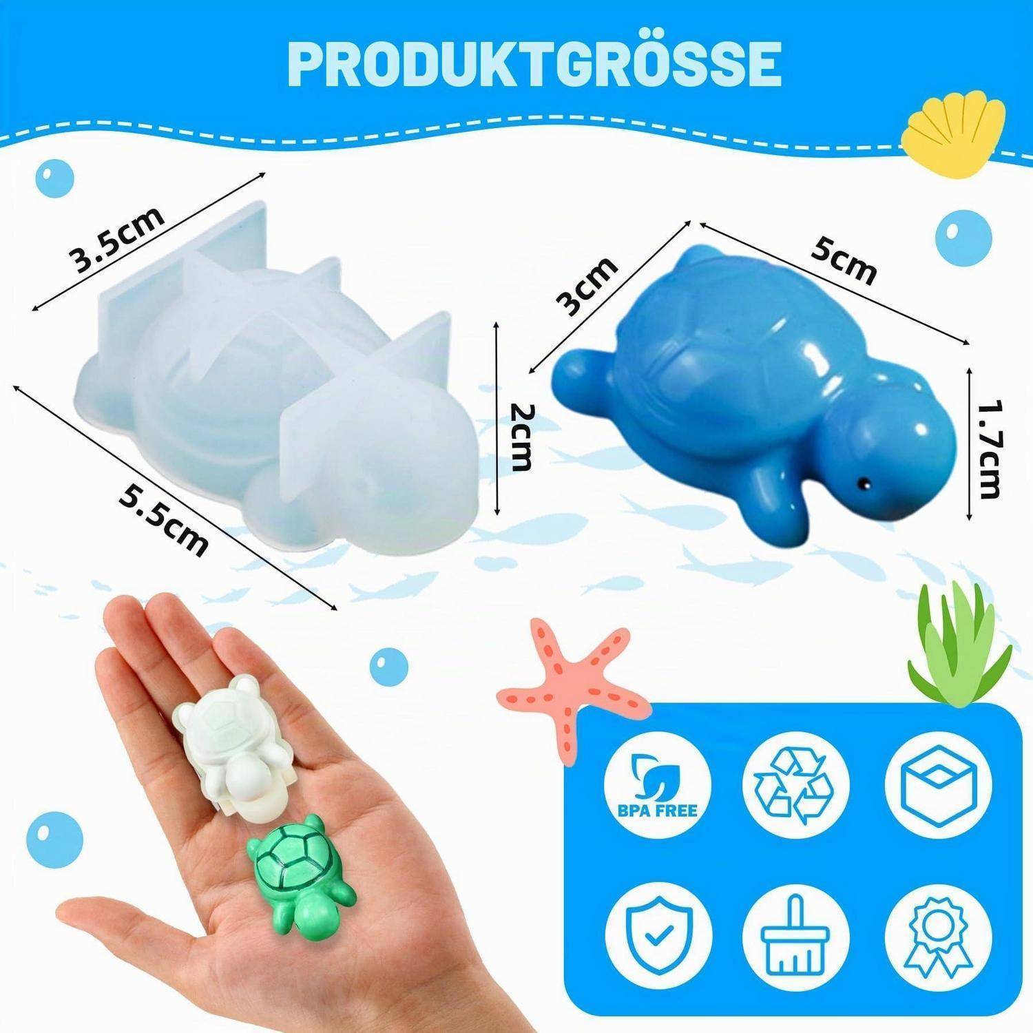 Produktgrößentabelle zeigt ein kleines durchsichtiges Schildkrötenspielzeug in Weiß und Blau mit beschrifteten Abmessungen von etwa 5,5 x 3,5 x 2 cm und 5 x 3 x 1,7 cm sowie BPA-freie Merkmalssymbole.