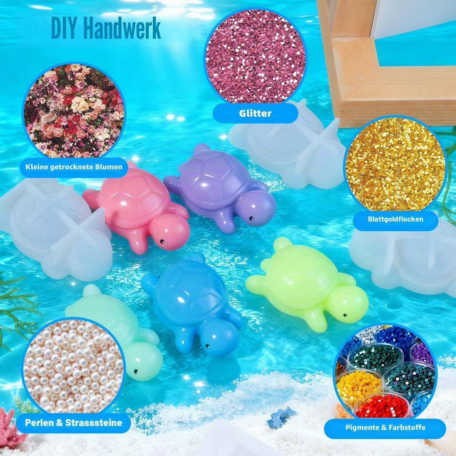 DIY-Handwerk-Bild zeigt bunte schildkrötenförmige Harzanhänger in türkisfarbenem Wasser, beschriftet mit Materialien: getrocknete Blüten, Glitter, Blattgoldflöckchen, Perlen und Rhinesteine sowie Pigmente/Farbstoffe.