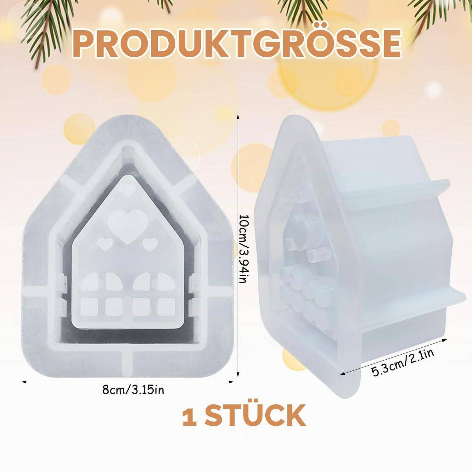 Produktgrößen-Grafik für einen hausförmigen Behälter: 10 cm hoch, 8 cm breit, 5,3 cm tief; mit der Aufschrift „1 STÜCK".