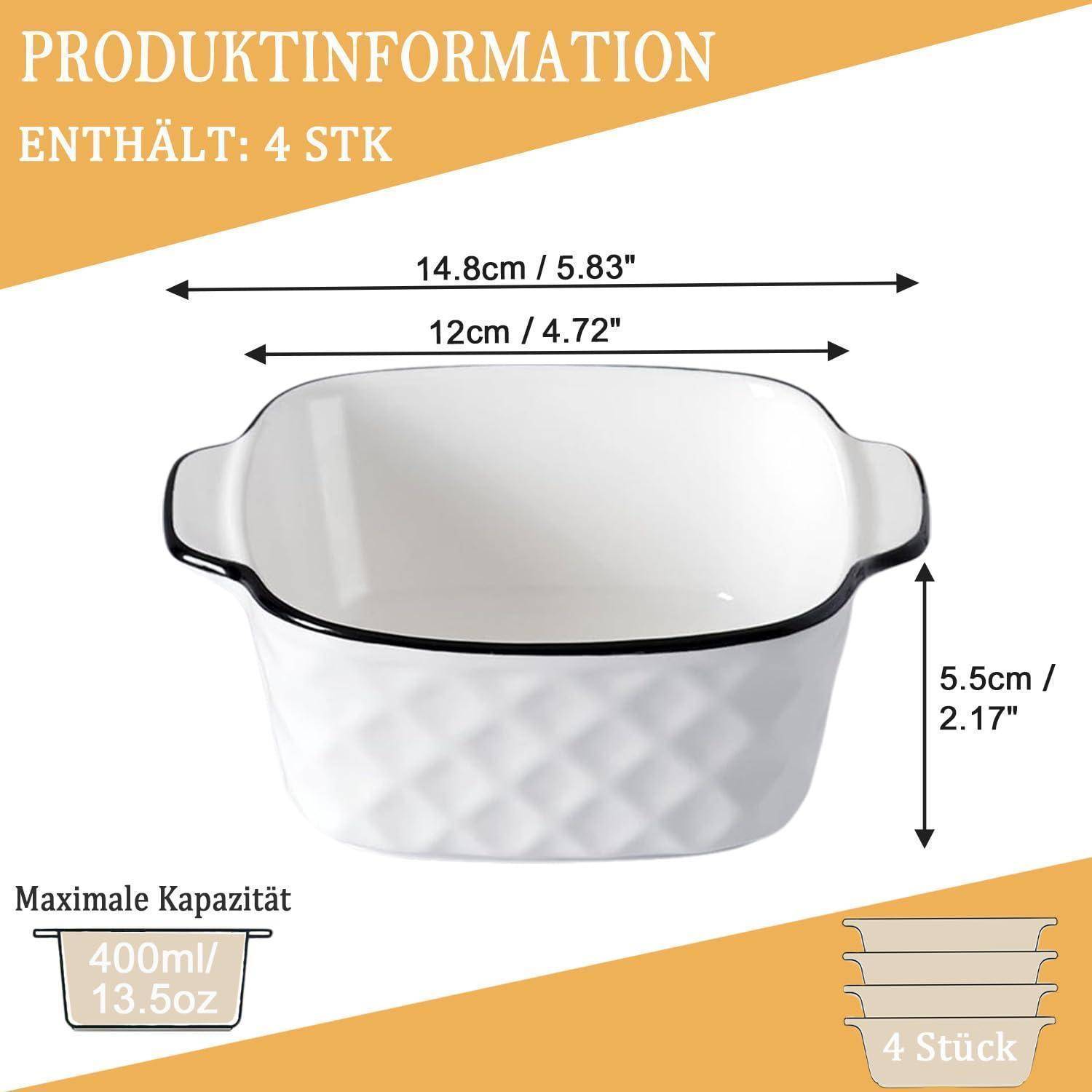 Produktinformationen für ein 4er-Schüsselset mit Schüsseldimensionen: 14,8 cm Breite, 12 cm innere Breite, 5,5 cm Höhe und 400 ml Fassungsvermögen.