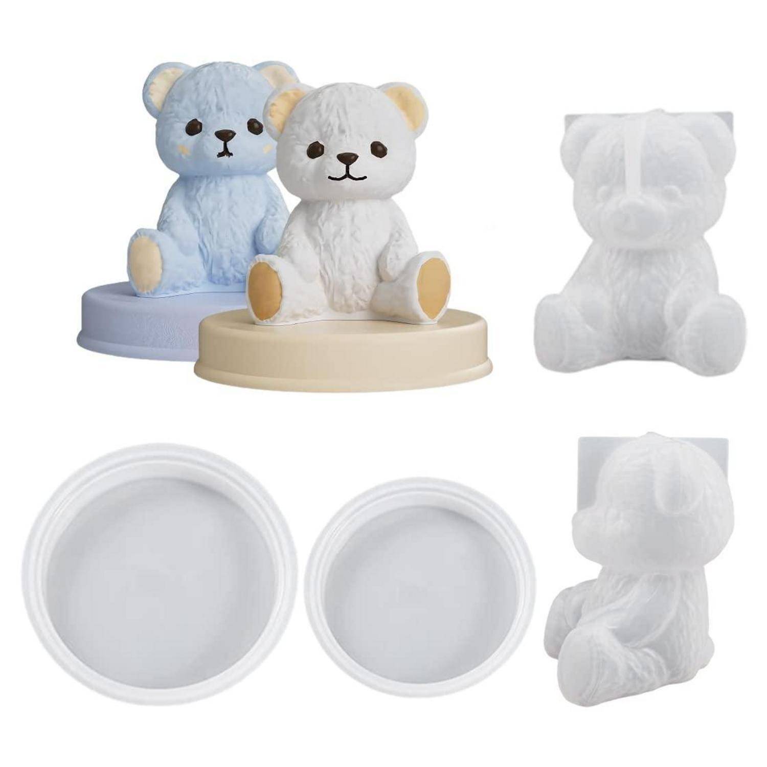 Packung mit teddybärförmigen Behältern in Blau und Creme, gezeigt mit Deckeln und transparenten Ansichten der geformten Bärenform und runden Basen.