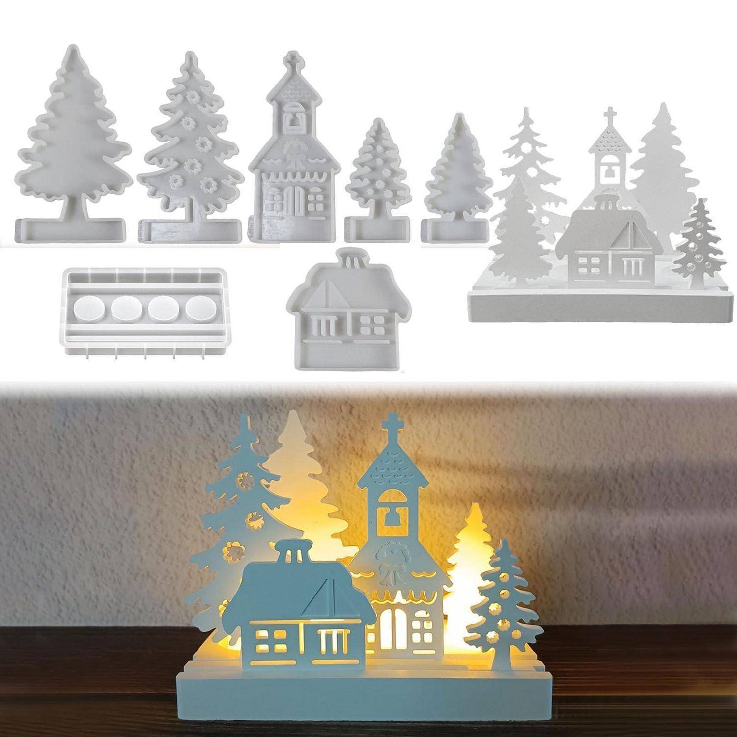 LED-beleuchtete Weihnachtsdorf-Dekoration mit ausgestanzter Kirche, Haus und Bäumen, zeigt die Teile unbeleuchtet oben und leuchtend in der Nacht unten.