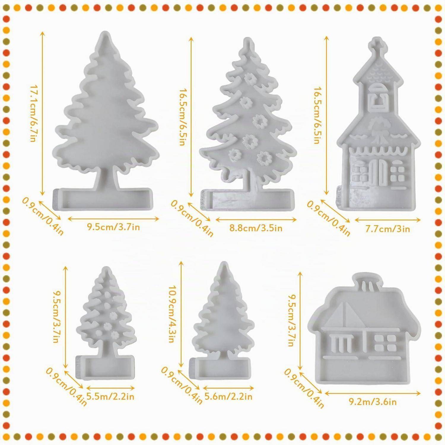 Satz von sechs grauen dekorativen Weihnachtskugeln in Baum- und Hausformen, jeweils mit Größenangaben in cm und Zoll.