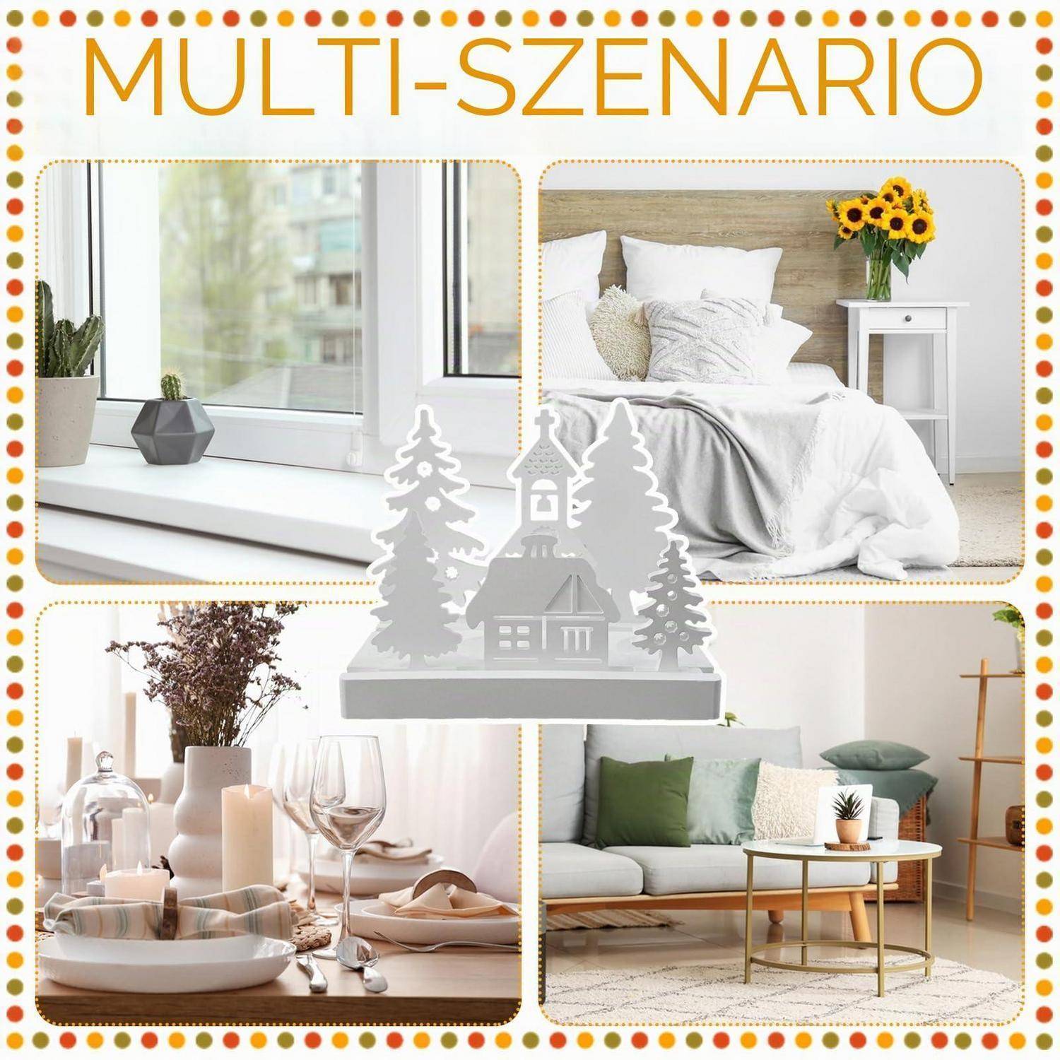 Collage mit der Bezeichnung „MULTI-SZENARIO", die vier Wohndekorationsszenen zeigt: Fenstersims, Schlafzimmer, Esstisch und Wohnzimmer, mit einer weißen Feiertagsdeko-Mittelpunktfigur in der Mitte.