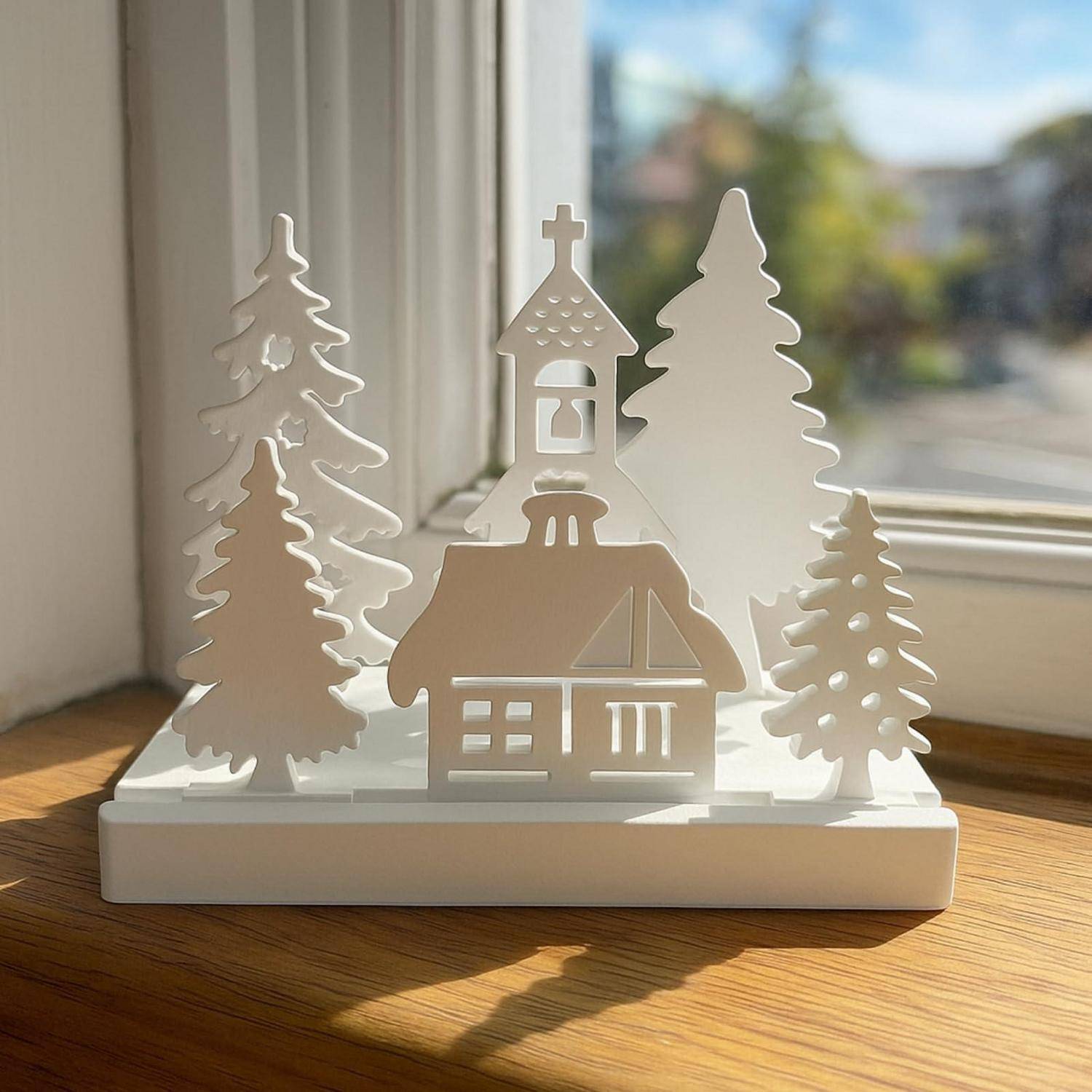 Winterliches Papierdorf als Dekoration mit einer kleinen Kirche und Bäumen auf der Fensterbank im Sonnenlicht.