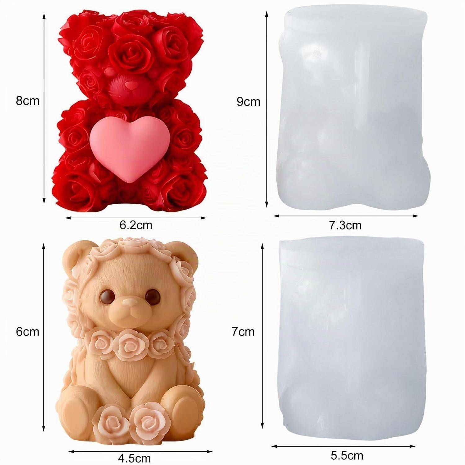 Vergleichsbild von dekorativen bärenförmigen Kerzen: roter Rosenbär mit Herz, beiger Teddybär und ihre schlichten Kerzenform-Formen, jeweils mit Abmessungen in cm dargestellt.