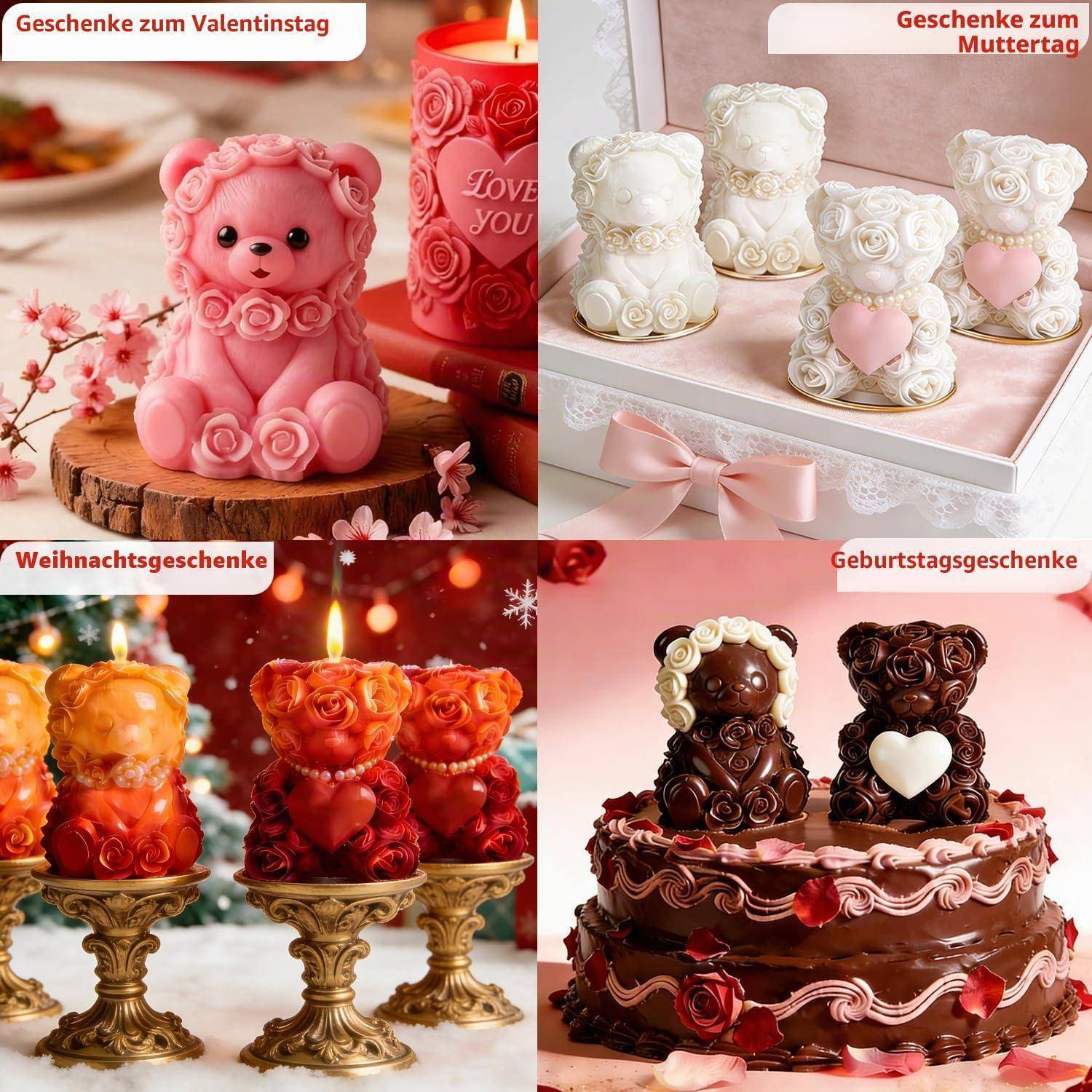 Vierfeld-Collage aus dekorativen Teddybär-Figuren und Kuchen für Feiertage: Valentinstag, Muttertag, Weihnachten und Geburtstage, beschriftet auf Deutsch.