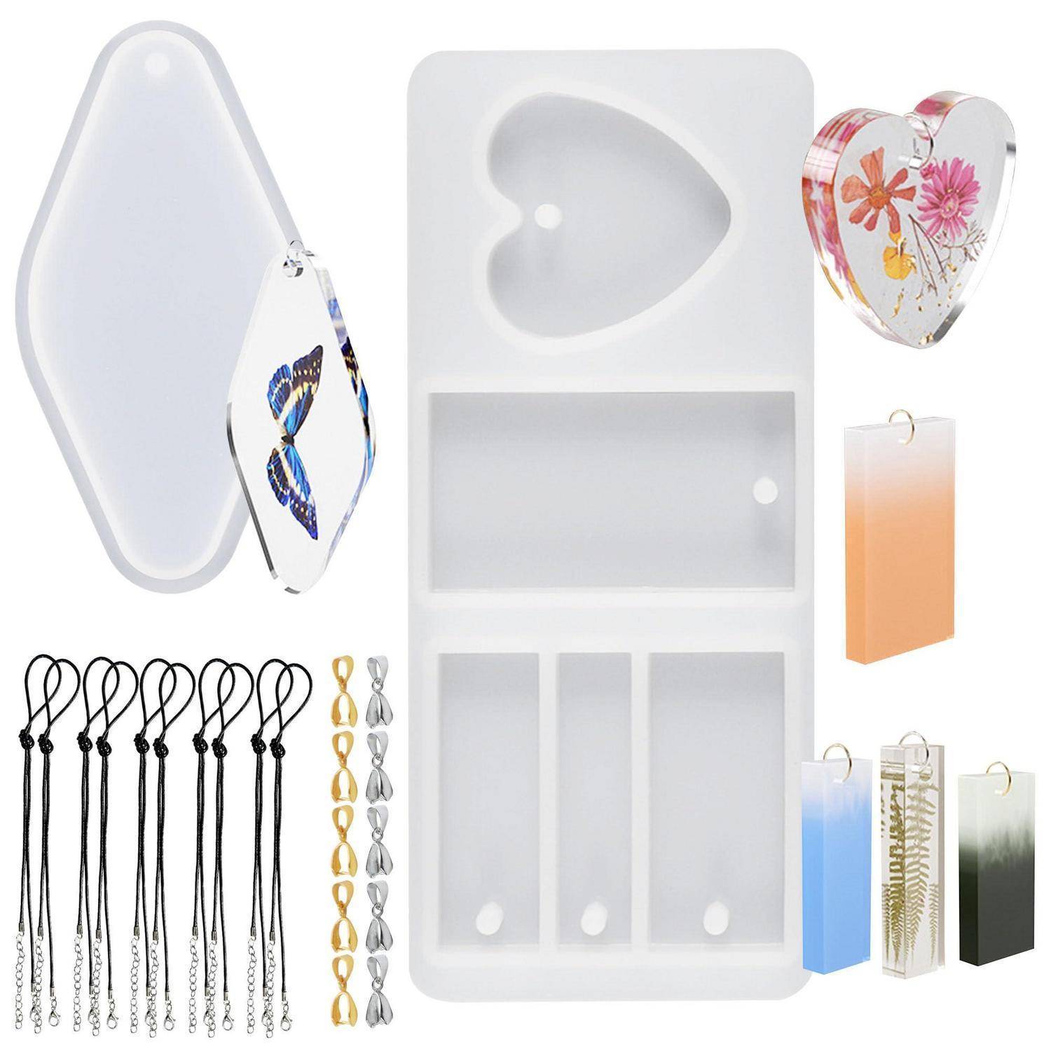 Set aus Silikonform-Tabletts und Aufhängeschleifen zum Herstellen von dekorativen Harz-Schlüsselanhängern, Lesezeichen und herzförmigen Verzierungen.