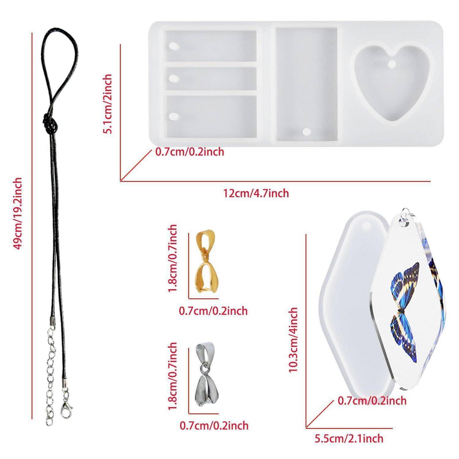 Größentabelle für Produkte mit einer 49 cm schwarzen Kordel mit Verschluss, einer 12 x 5,1 cm weißen Tablett-Form, einer 10,3 x 5,5 cm Tropfen-Form und zwei 1,8 cm großen schleifenförmigen Anhängern.