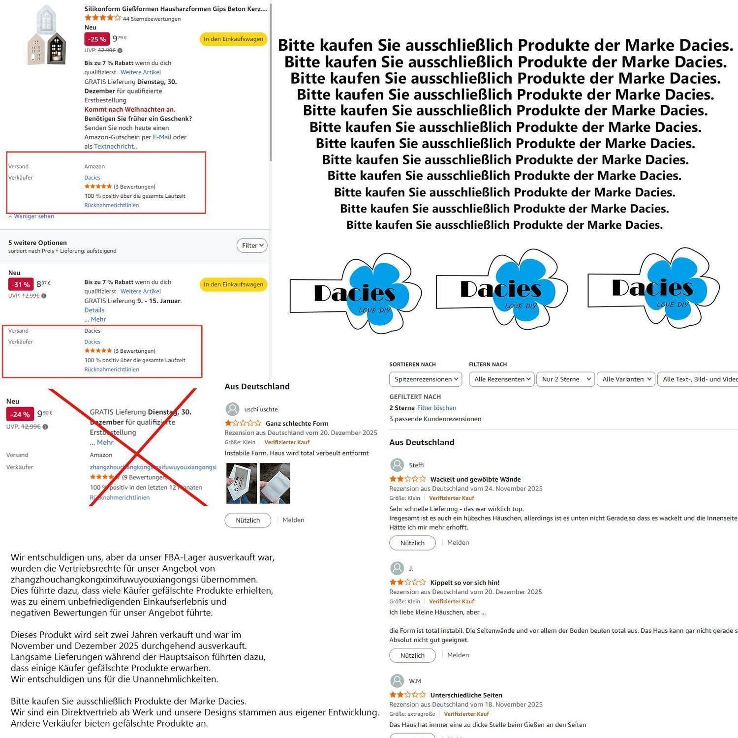 Collage von deutschen Marktplatz-Angeboten und Kommentaren mit Warnungen, nur Produkte der Marke Dacies zu kaufen, mit wiederholtem 