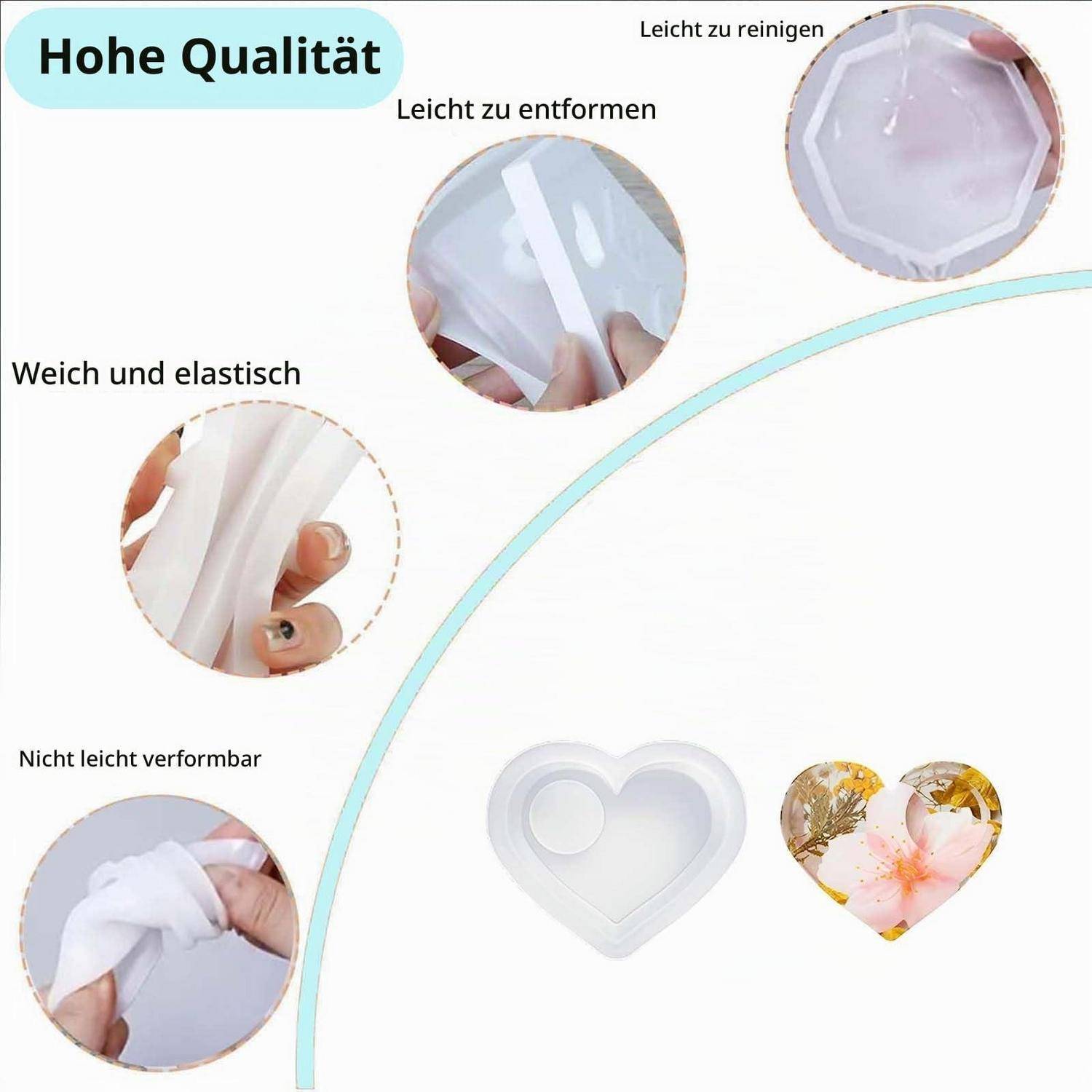 Werbegrafik für die Qualität von Silikonformen mit den folgenden Merkmalen: leicht zu entformen, leicht zu reinigen, weich und flexibel, nicht leicht zu verformen.