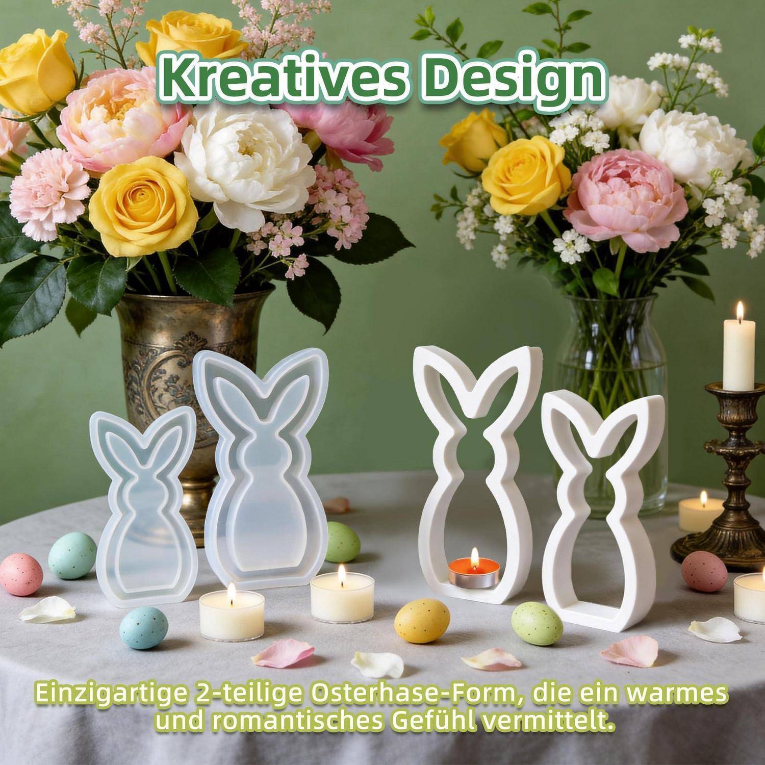 Werbebild von zweiteiliger Osterhasenform auf einem Tisch mit Kerzen, Blumen und Pastell-Eiern; der Text lautet „Kreatives Design