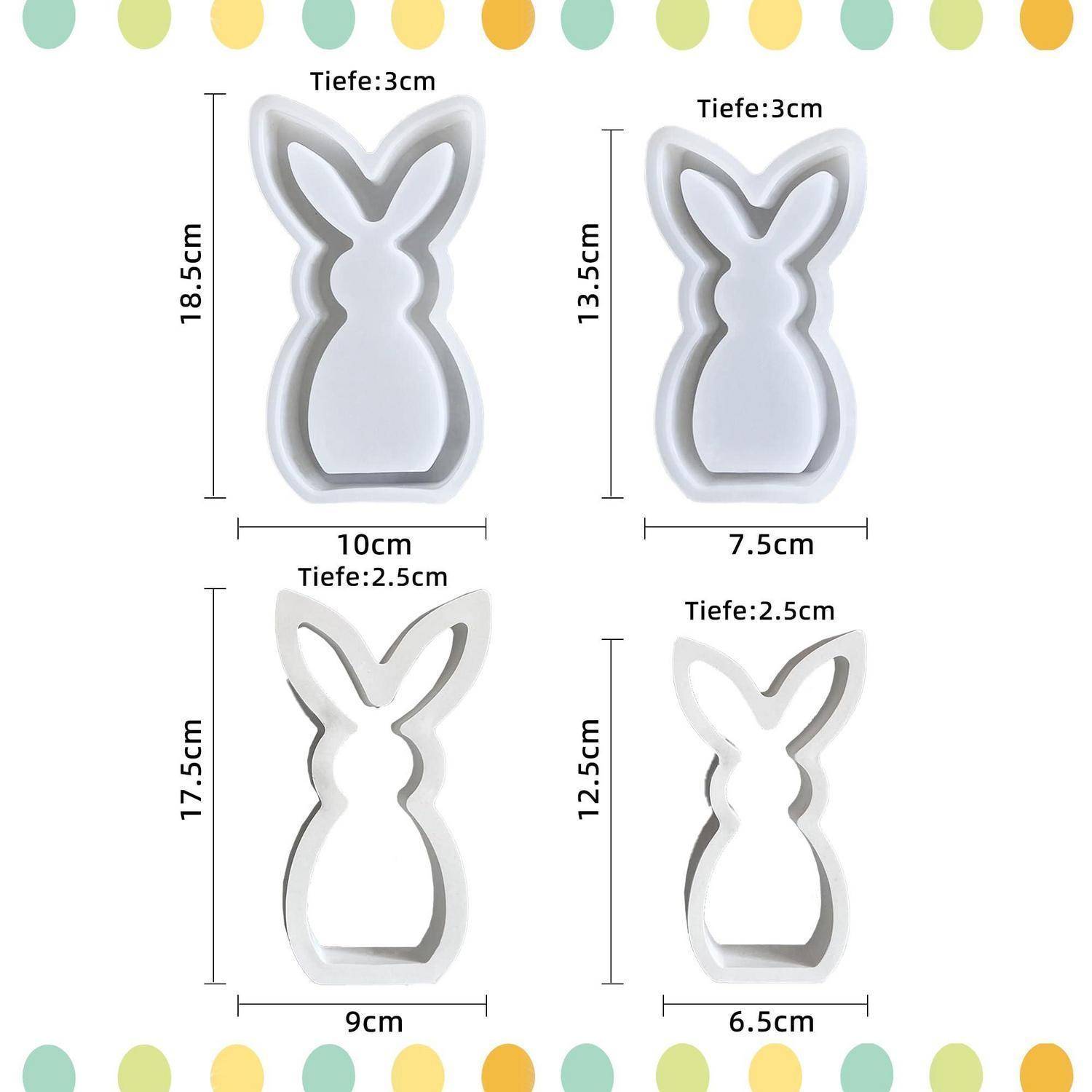 Bild von vier kaninchenförmigen Plätzchenausstechern oder Formen in verschiedenen Größen, beschriftet mit Abmessungen in Zentimetern: 18,5 x 10 x 3 cm, 13,5 x 7,5 x 3 cm, 17,5 x 9 x 2,5 cm und 12,5 x 6,5 x 2,5 cm.