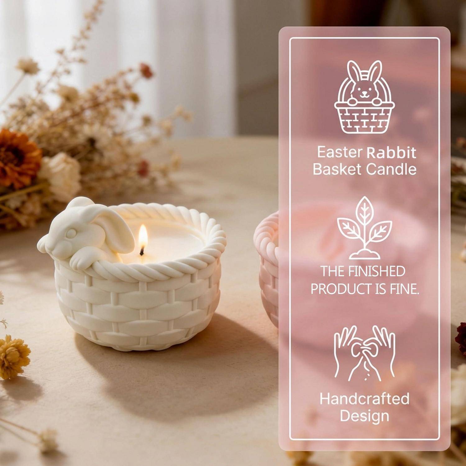 Beleuchtete Osterhasen-Korb-Kerze auf einem Tisch, daneben ein rosa Produktetikett mit der Aufschrift „Easter Rabbit Basket Candle