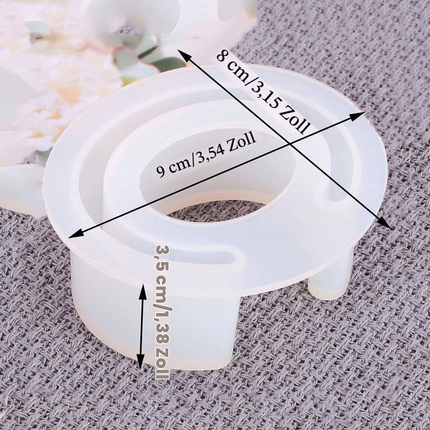 Weißer Kunststoff-Kreisring mit drei kurzen Beinen, dargestellt mit Bemaßungspfeilen mit den Bezeichnungen 9 cm/3,54 Zoll, 8 cm/3,15 Zoll und 3,5 cm/1,38 Zoll.