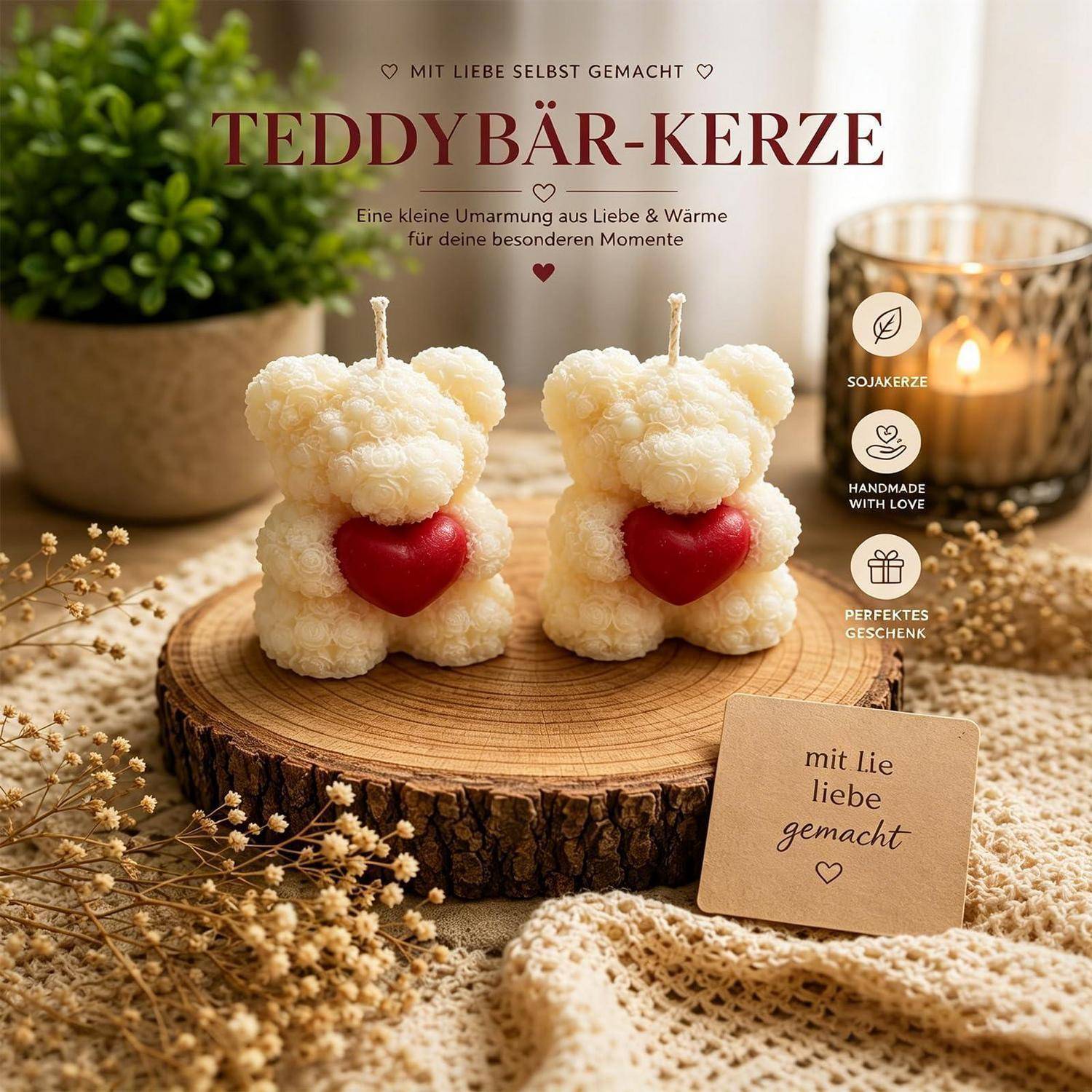 Werbung für „TEDDY BÄR-KERZE" zeigt zwei teddybärförmige Kerzen mit roten Herzen auf einer Holzscheibe, mit den Aufschriften „handmade with love"" und „perfect gift"".