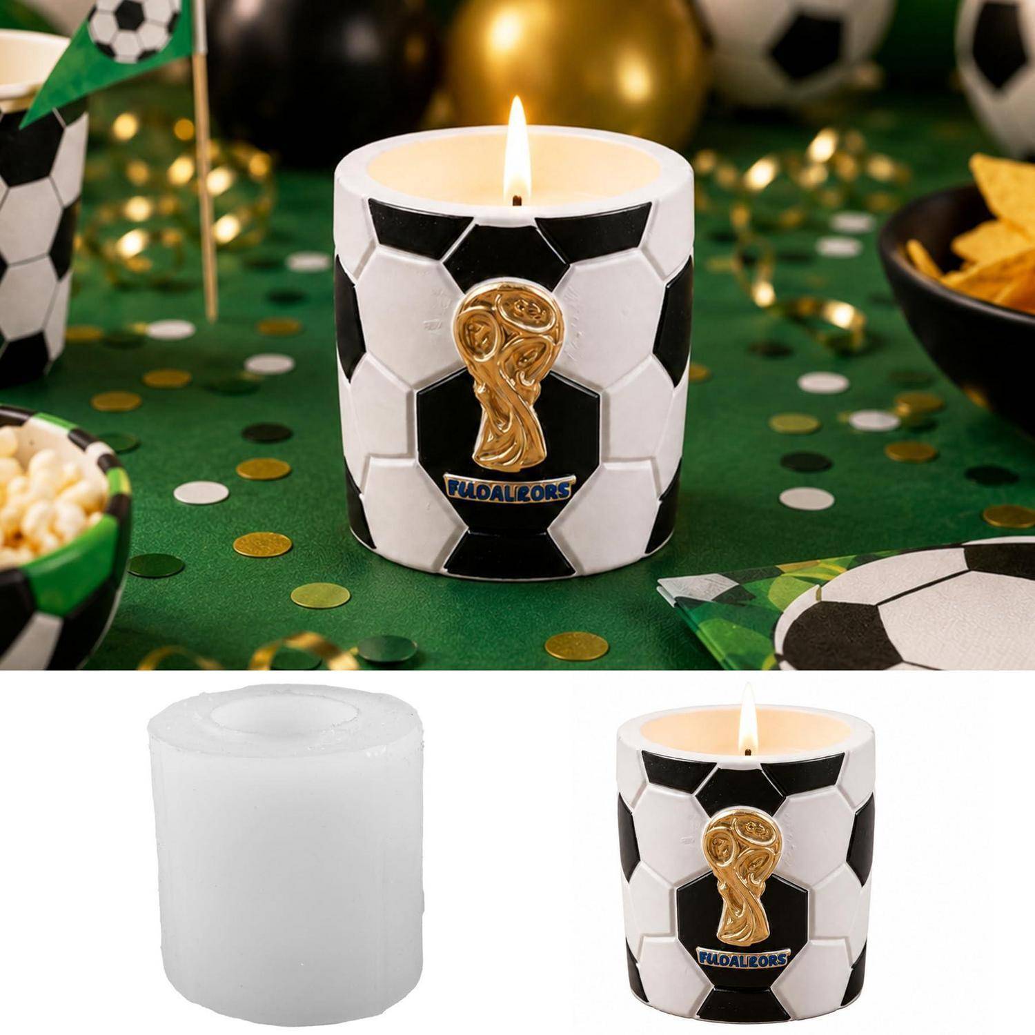 Fußball-Duftkerze in einem schwarz-weißen Kugelhalter mit goldenem Pokalemblems, dargestellt als angezündete Kerze auf einem Partytisch und als blanke Form daneben.