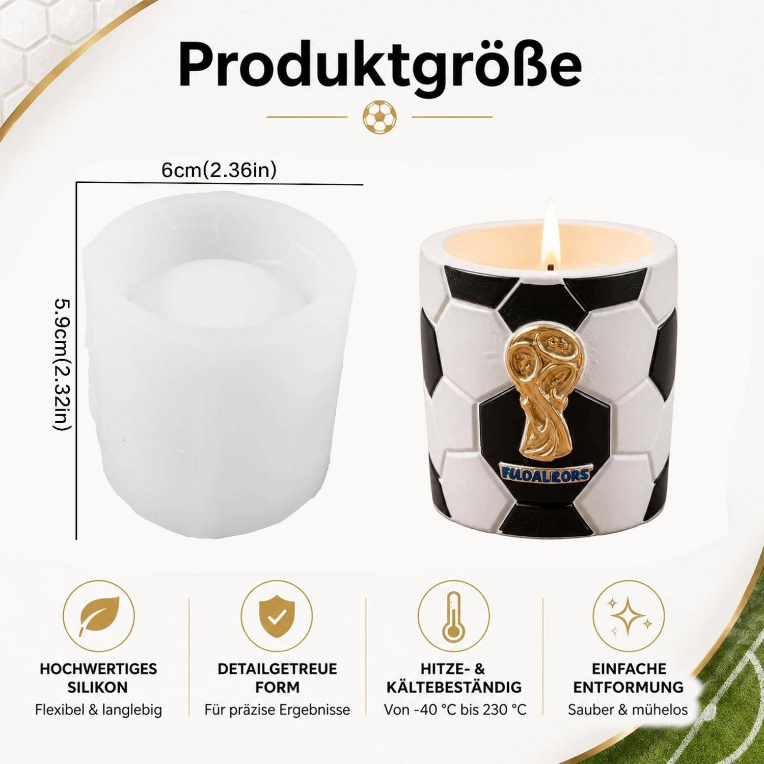 Produktgrößenabbildung zeigt eine 6 cm x 5,9 cm große Silikon-Kerzenform und die fertige Fußball-Pokal-Kerze; enthält Symbole für Wärmefestigkeit und einfaches Entformen.
