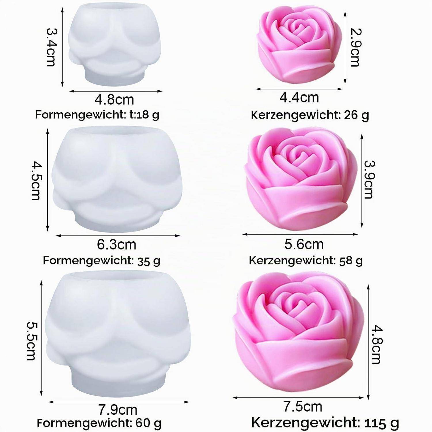 Vergleichstabelle von drei Rosenkerzenform-Größen und entsprechenden fertigen Kerzen mit Abmessungen und Gewichten: 18g/26g, 35g/58g und 60g/115g.