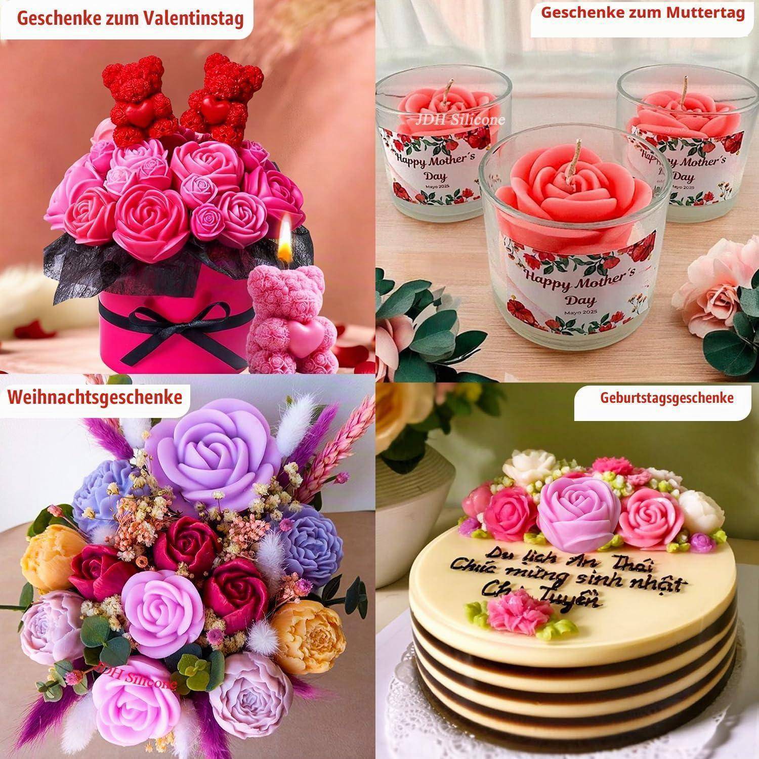 Vier dekorative Geschenkideen: Rosensträuße zum Valentinstag und zu Weihnachten, Kerzenarrangements zum Muttertag und eine mit Blumen verzierte Geburtstagstorte.