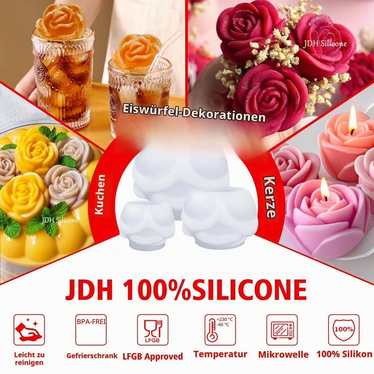 Werbecollage einer silikon-rosenförmigen Form für Eiswürfel, Kuchen und Kerzen, mit der Bezeichnung „JDH 100% SILIKON" mit Funktionen wie BPA-frei, gefriergeeignet und mikrowellensicher.