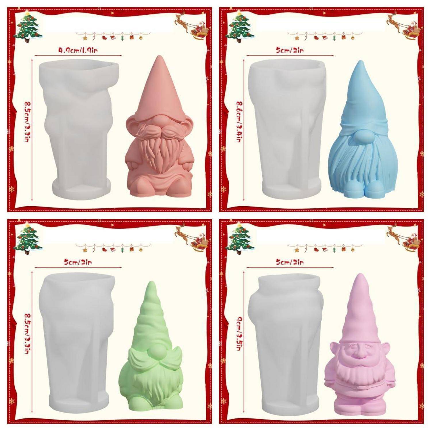 Viergeteiltes Produktbild, das eine weiße Form und farbige fertige Gnomskulpturen in Rosa, Blau, Grün und Lila vergleicht, mit Größenangaben von etwa 5 cm Höhe und 5 cm Breite.