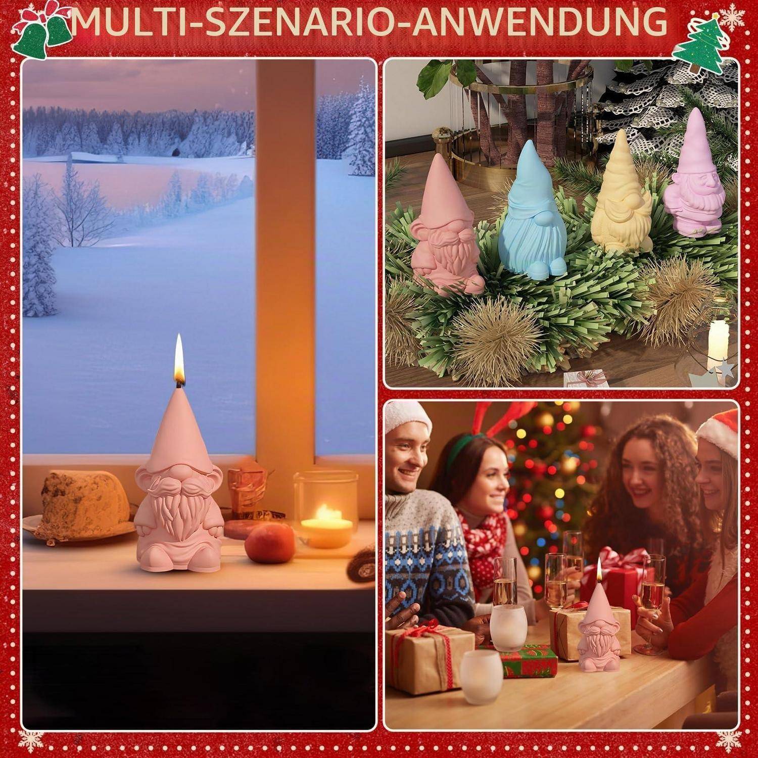 Weihnachtscollage mit gnomenförmigen Kerzen: eine angezündet neben einem verschneiten Fenster, vier pastellfarbene Kerzen auf Grünzeug arrangiert, und eine auf einem festlichen Tisch mit Freunden.