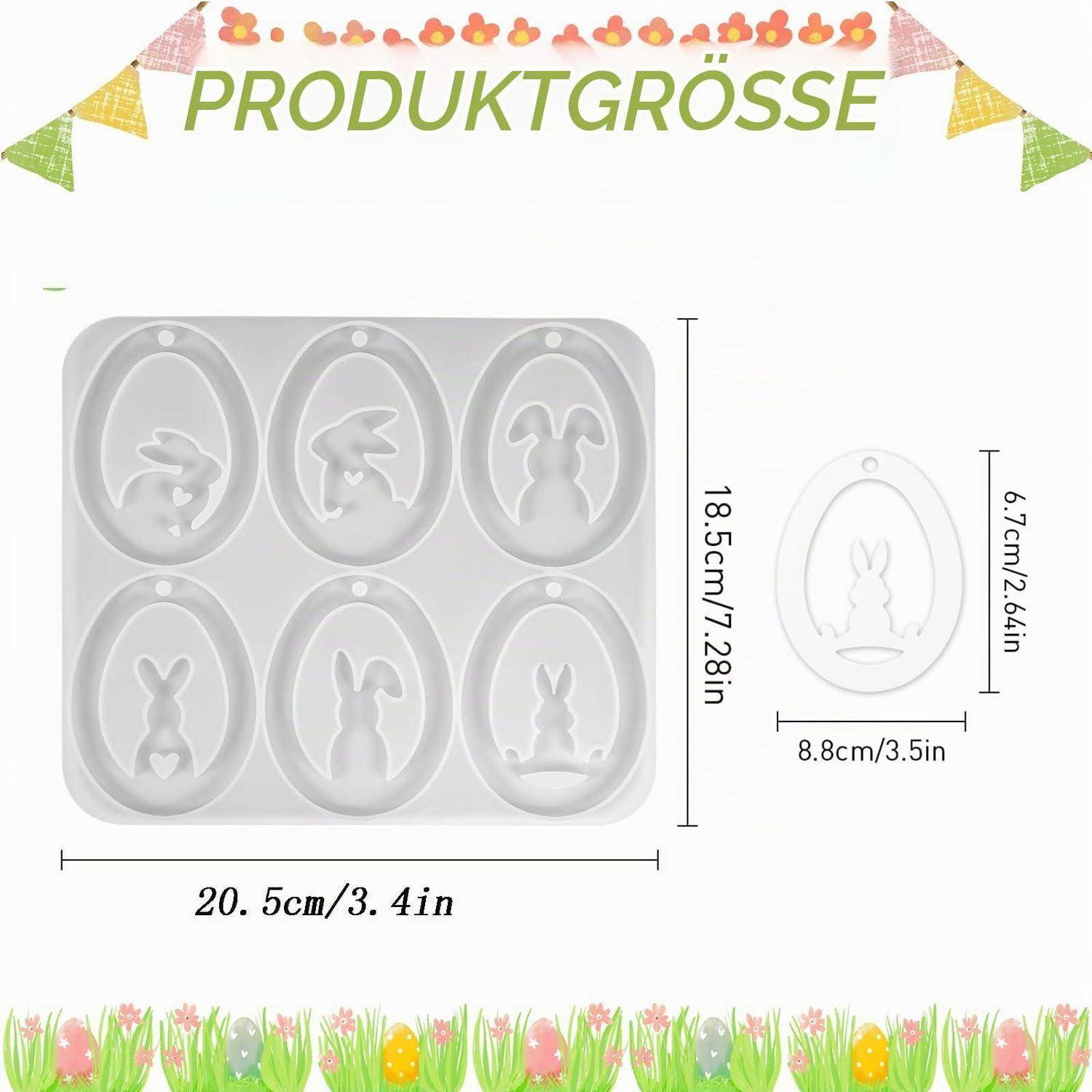 Größentabelle für ein sechsfach-Silikon-Gussform in Eiform: Die Gussform misst 20,5 x 18,5 cm; jede Kavität ist 8,8 x 6,7 cm.